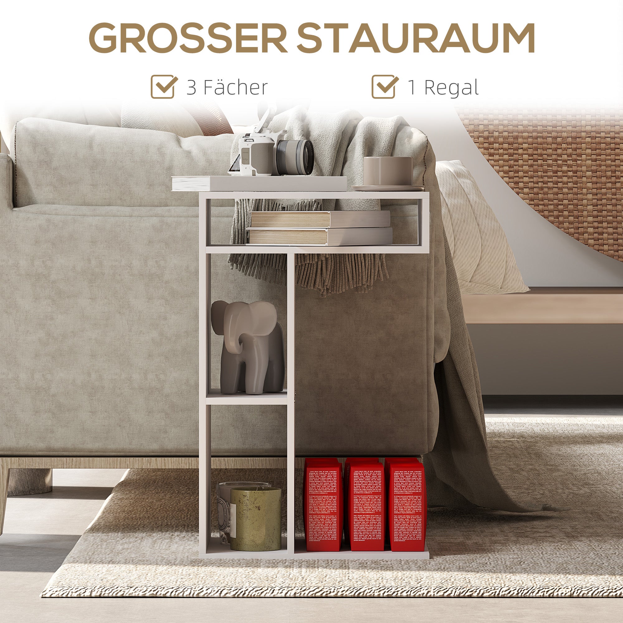 Side Table C-Shape Nightstand with 4 Shelves, Casters, Coffee Table, Living Room Table Laptop Table for Living Room Bedroom 40 x 30 x 69 cm White