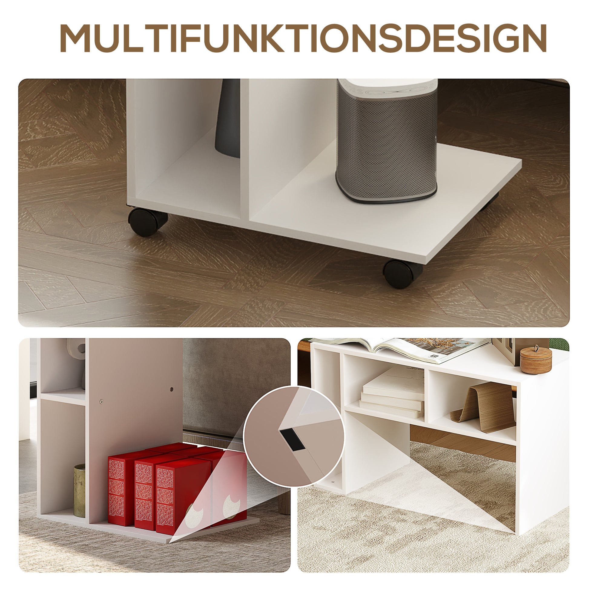 Side Table C-Shape Nightstand with 4 Shelves, Casters, Coffee Table, Living Room Table Laptop Table for Living Room Bedroom 40 x 30 x 69 cm White