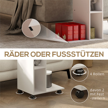 Side Table C-Shape Nightstand with 4 Shelves, Casters, Coffee Table, Living Room Table Laptop Table for Living Room Bedroom 40 x 30 x 69 cm White