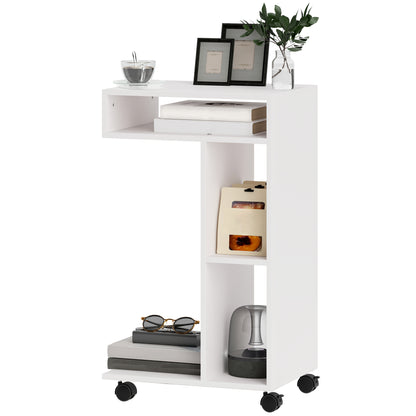 Side Table C-Shape Nightstand with 4 Shelves, Casters, Coffee Table, Living Room Table Laptop Table for Living Room Bedroom 40 x 30 x 69 cm White