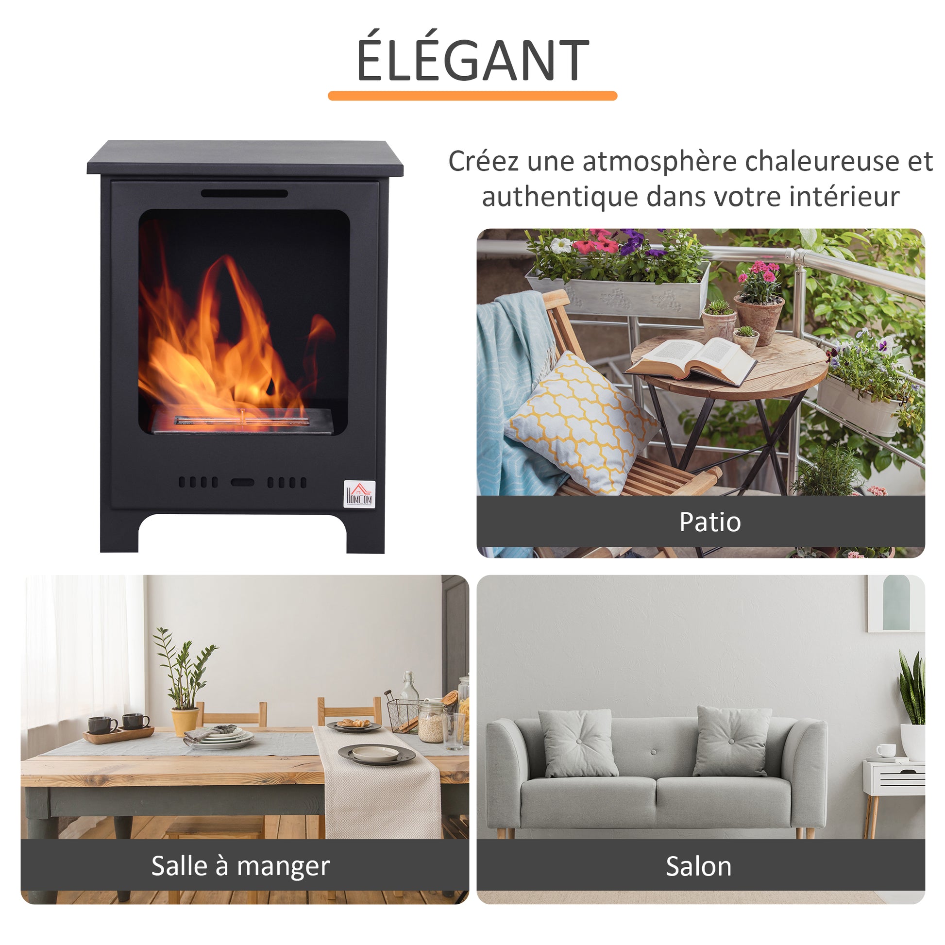 Freestanding Ethanol Fireplace 0.9L Burner, 3-hour combustion time Neo-Retro Stove Dim. 40L x 30W x 50H cm Coverage 20-25 m² Black