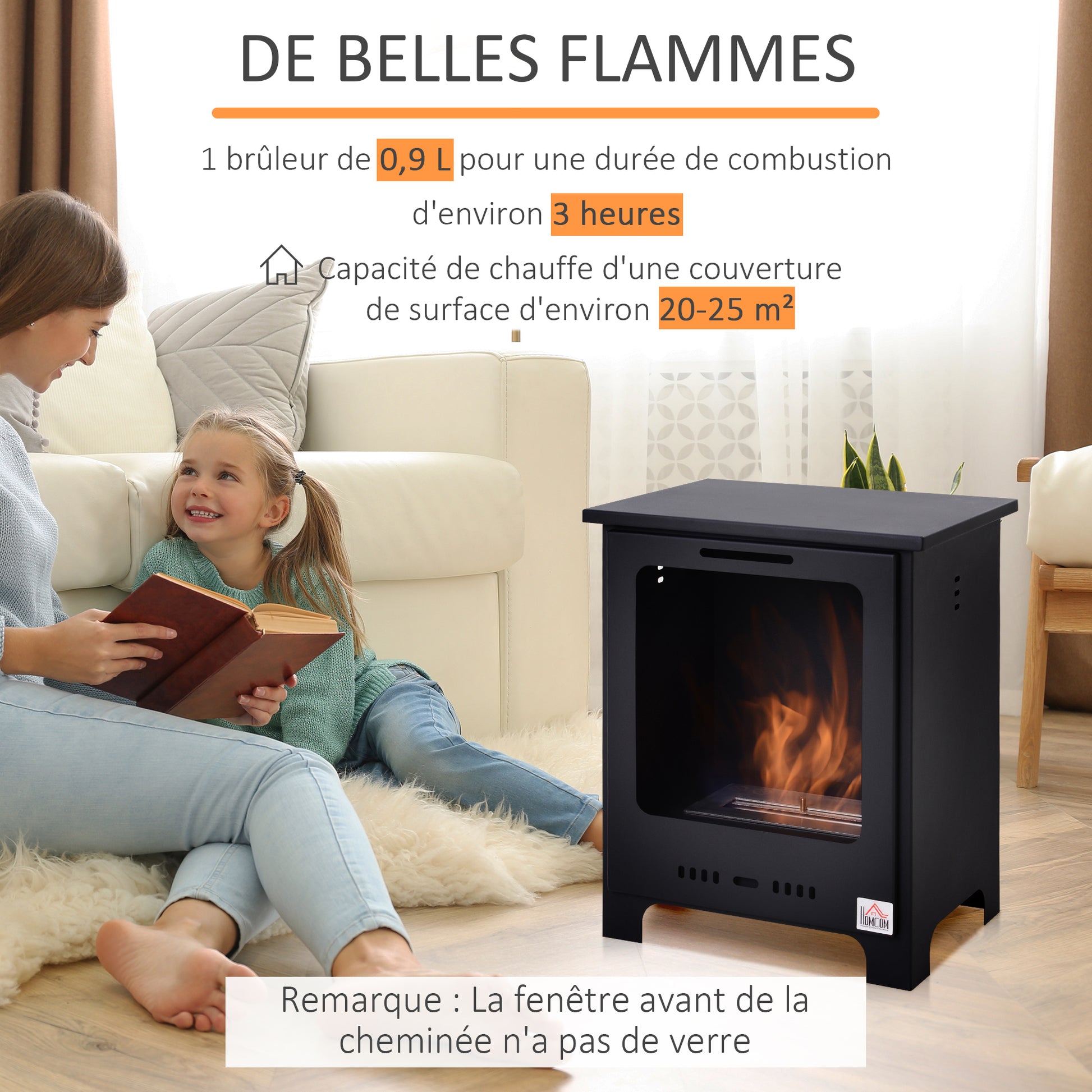 Freestanding Ethanol Fireplace 0.9L Burner, 3-hour combustion time Neo-Retro Stove Dim. 40L x 30W x 50H cm Coverage 20-25 m² Black
