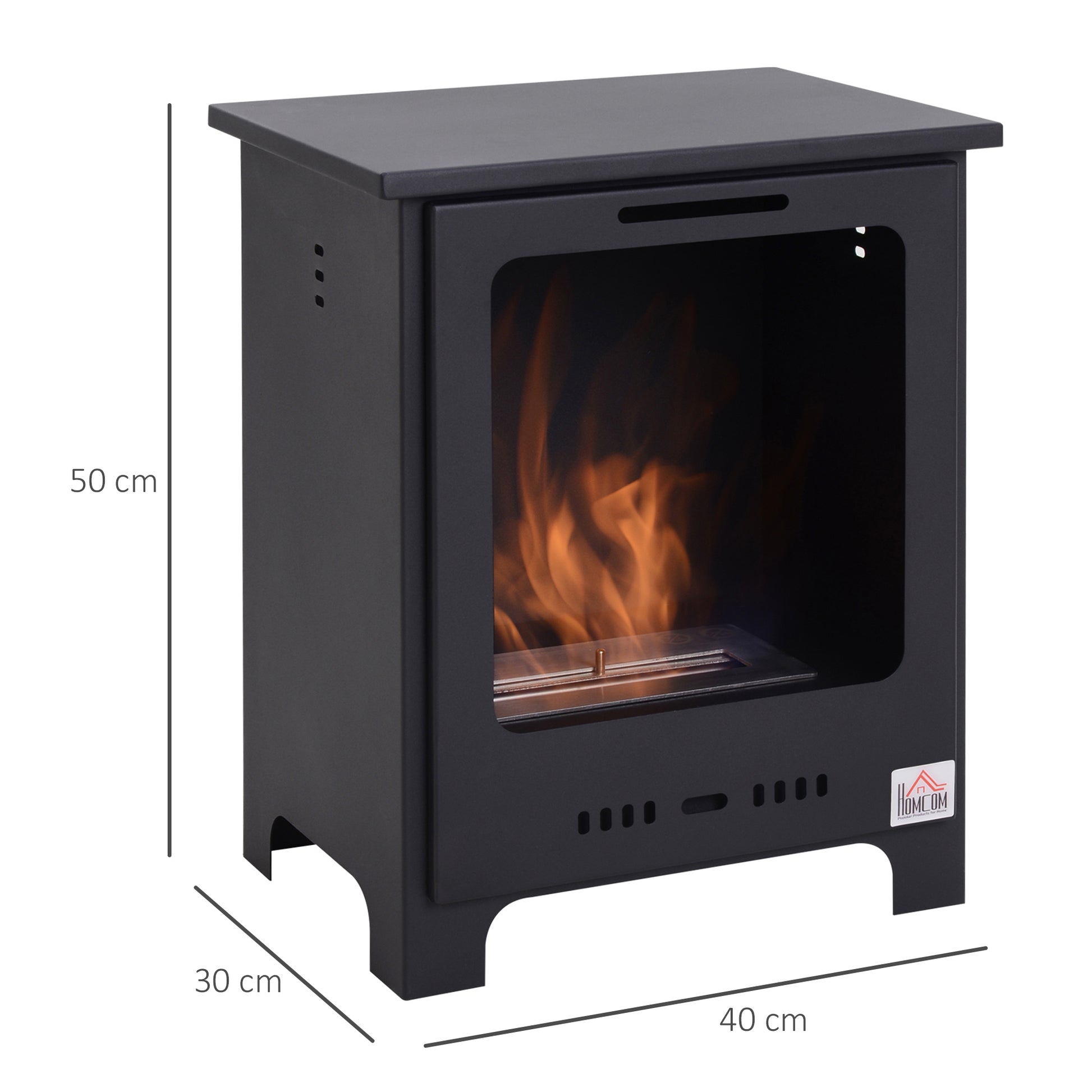 Freestanding Ethanol Fireplace 0.9L Burner, 3-hour combustion time Neo-Retro Stove Dim. 40L x 30W x 50H cm Coverage 20-25 m² Black