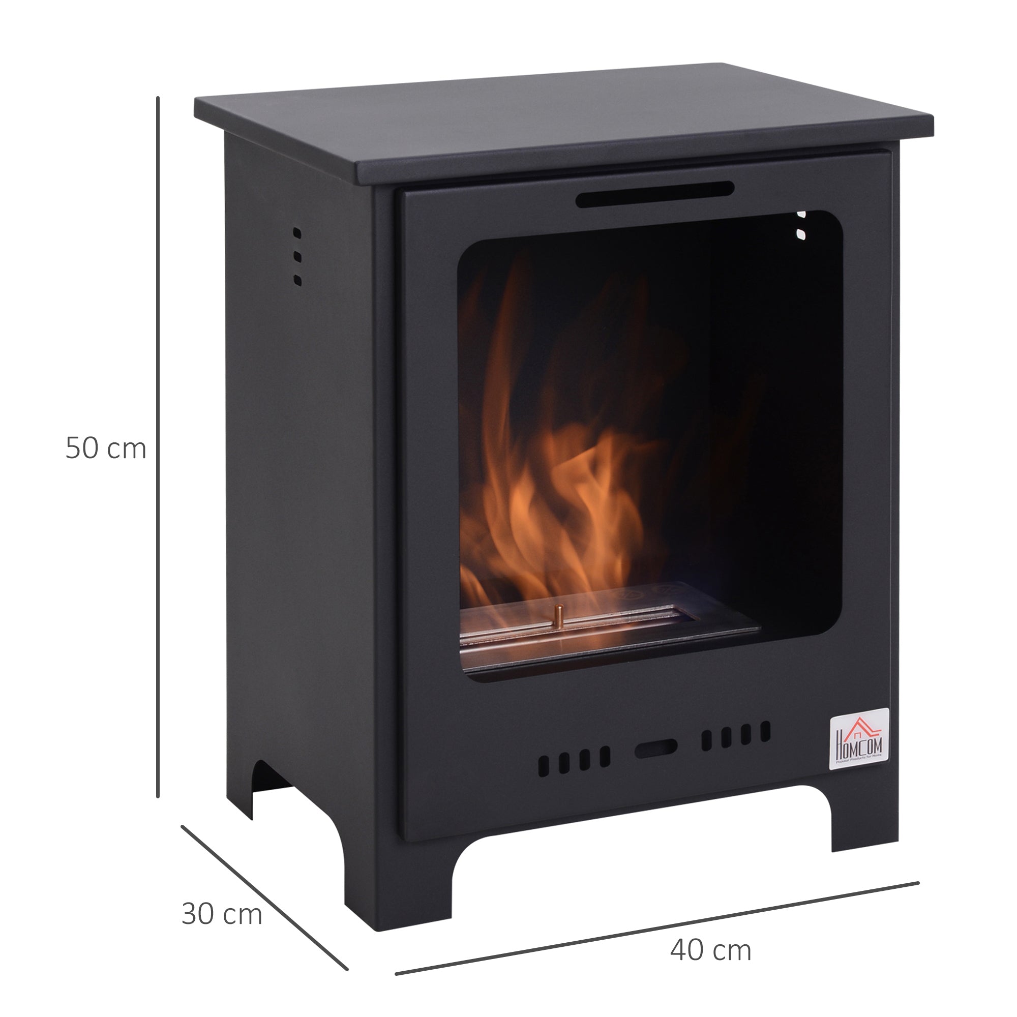Freestanding Ethanol Fireplace 0.9L Burner, 3-hour combustion time Neo-Retro Stove Dim. 40L x 30W x 50H cm Coverage 20-25 m² Black