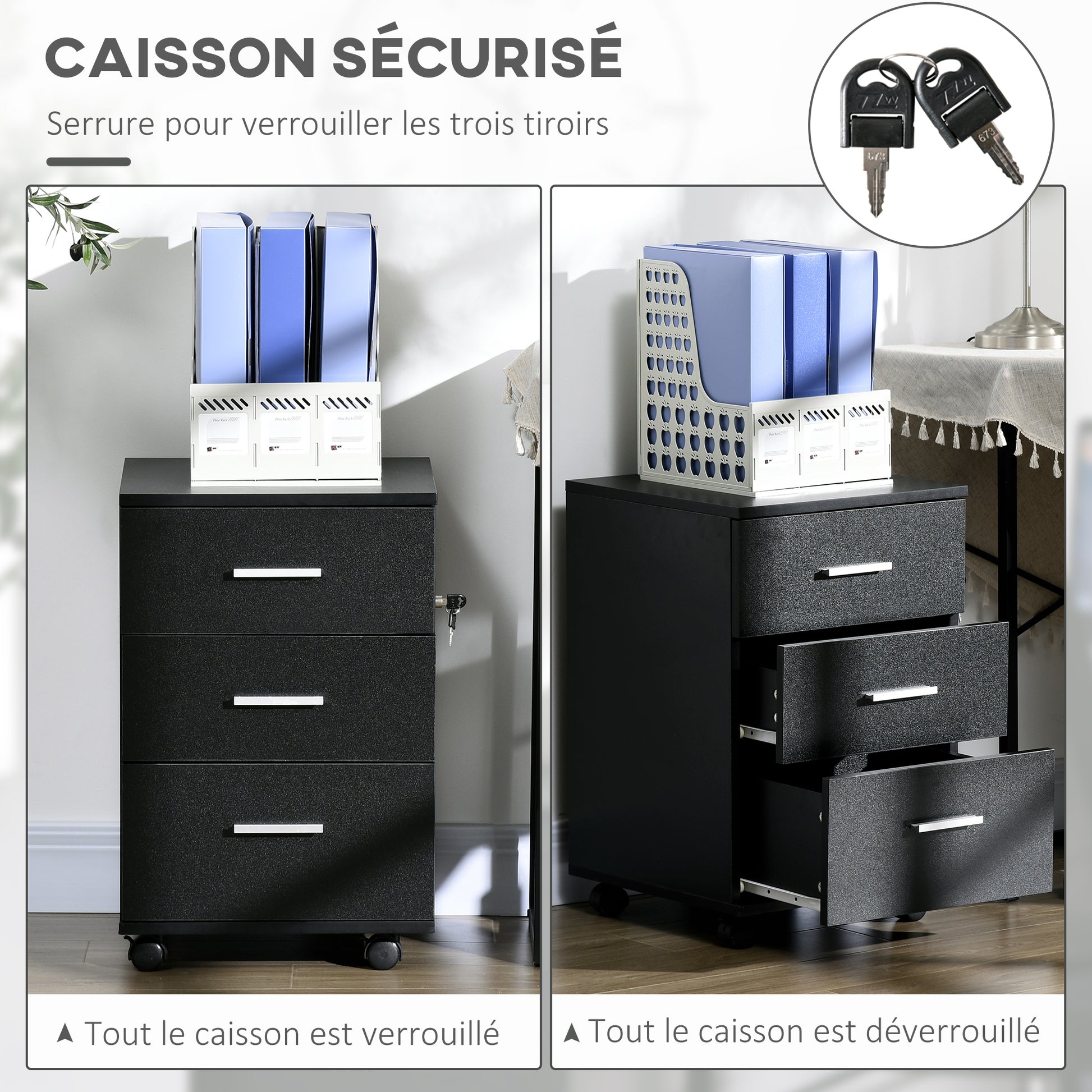 Office Cabinet Mobile File Cabinet with 3 Lockable Drawers 40 x 40 x 61.5 cm Black