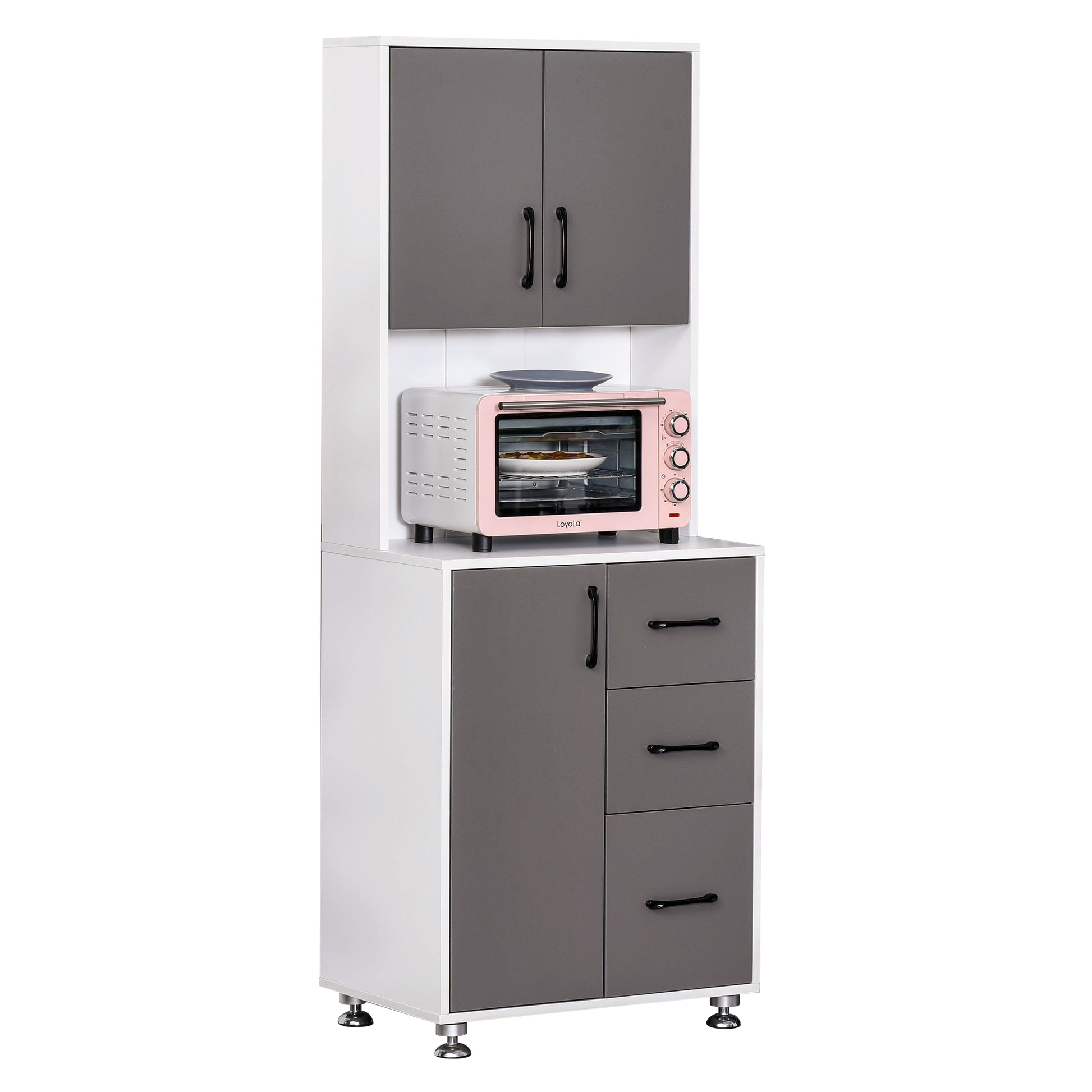 Kitchen Buffet Multi-Storage Cabinet 2 + 1 Door 3 Drawers + Large Countertop Dim. 60L x 40W x 160H cm Gray White
