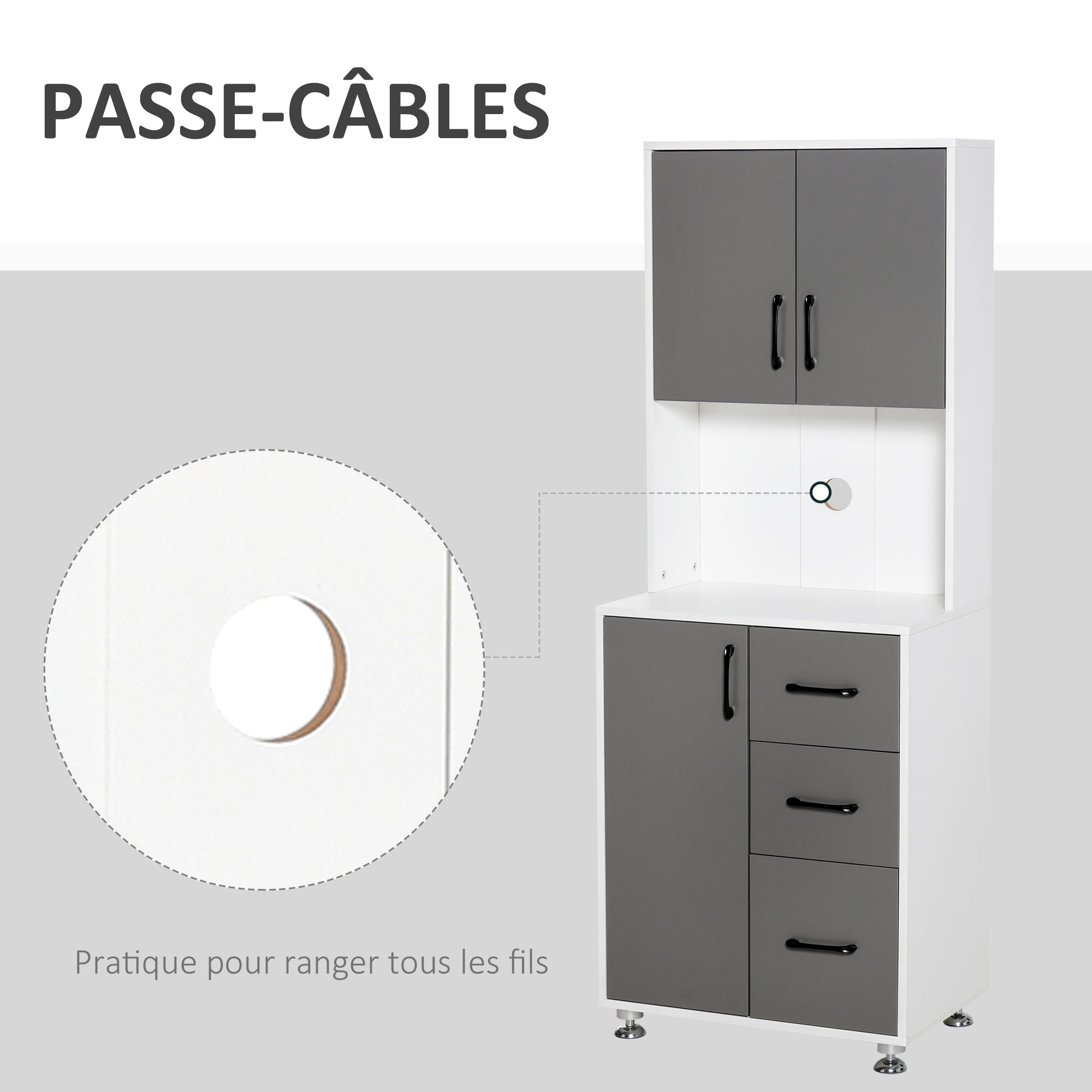 Kitchen Buffet Multi-Storage Cabinet 2 + 1 Door 3 Drawers + Large Countertop Dim. 60L x 40W x 160H cm Gray White