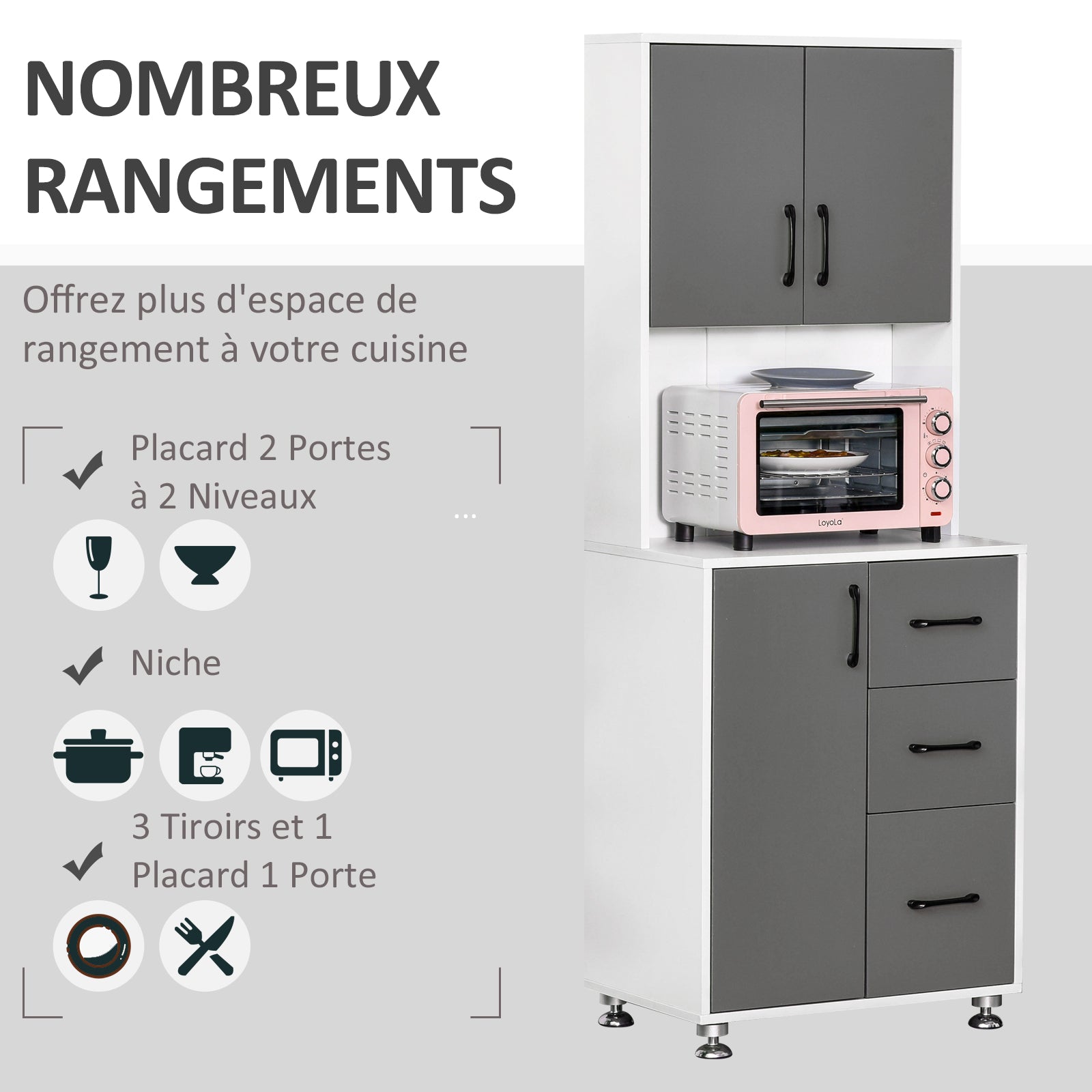 Kitchen Buffet Multi-Storage Cabinet 2 + 1 Door 3 Drawers + Large Countertop Dim. 60L x 40W x 160H cm Gray White