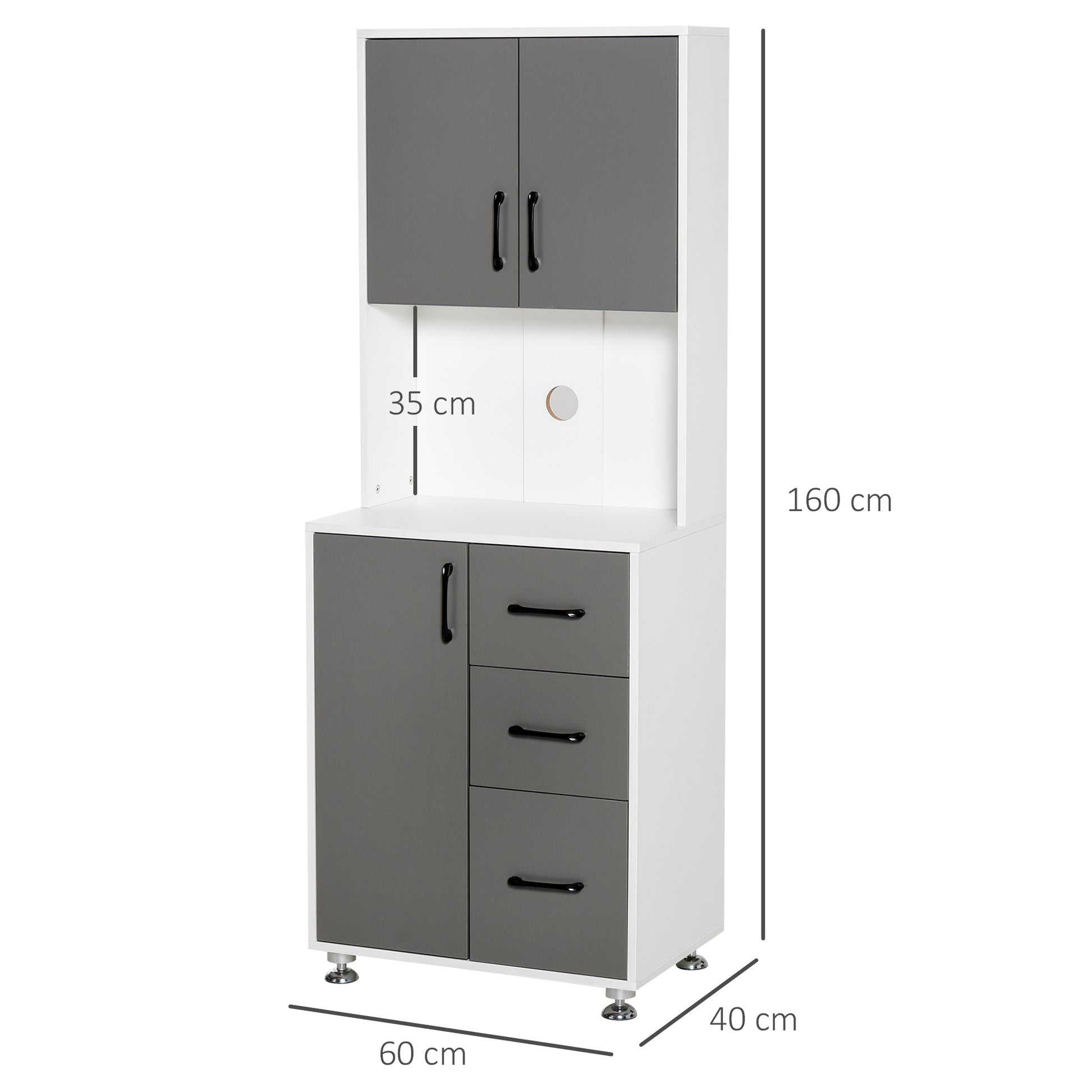 Kitchen Buffet Multi-Storage Cabinet 2 + 1 Door 3 Drawers + Large Countertop Dim. 60L x 40W x 160H cm Gray White
