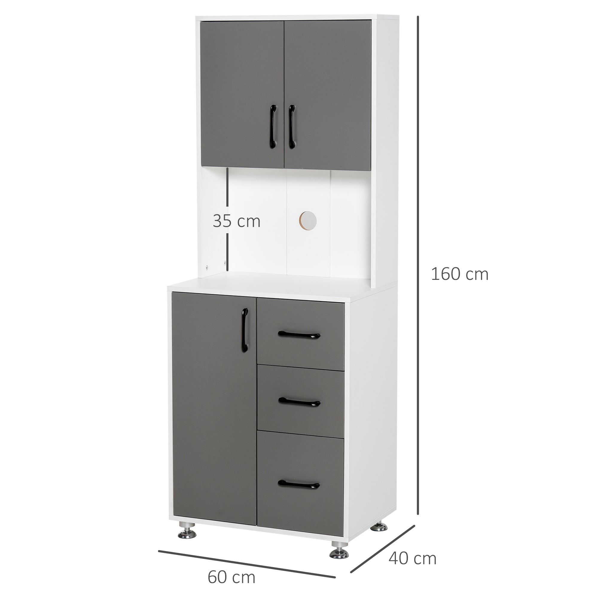 Kitchen Buffet Multi-Storage Cabinet 2 + 1 Door 3 Drawers + Large Countertop Dim. 60L x 40W x 160H cm Gray White