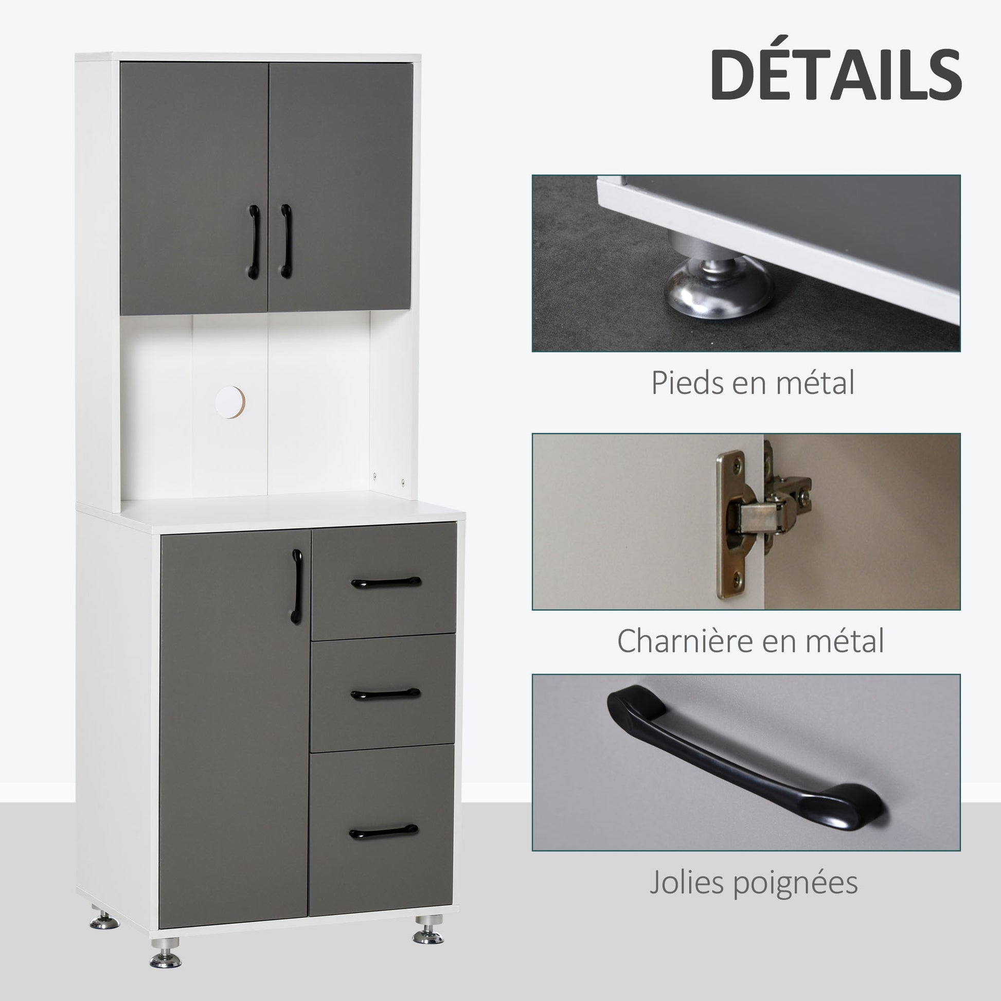 Kitchen Buffet Multi-Storage Cabinet 2 + 1 Door 3 Drawers + Large Countertop Dim. 60L x 40W x 160H cm Gray White