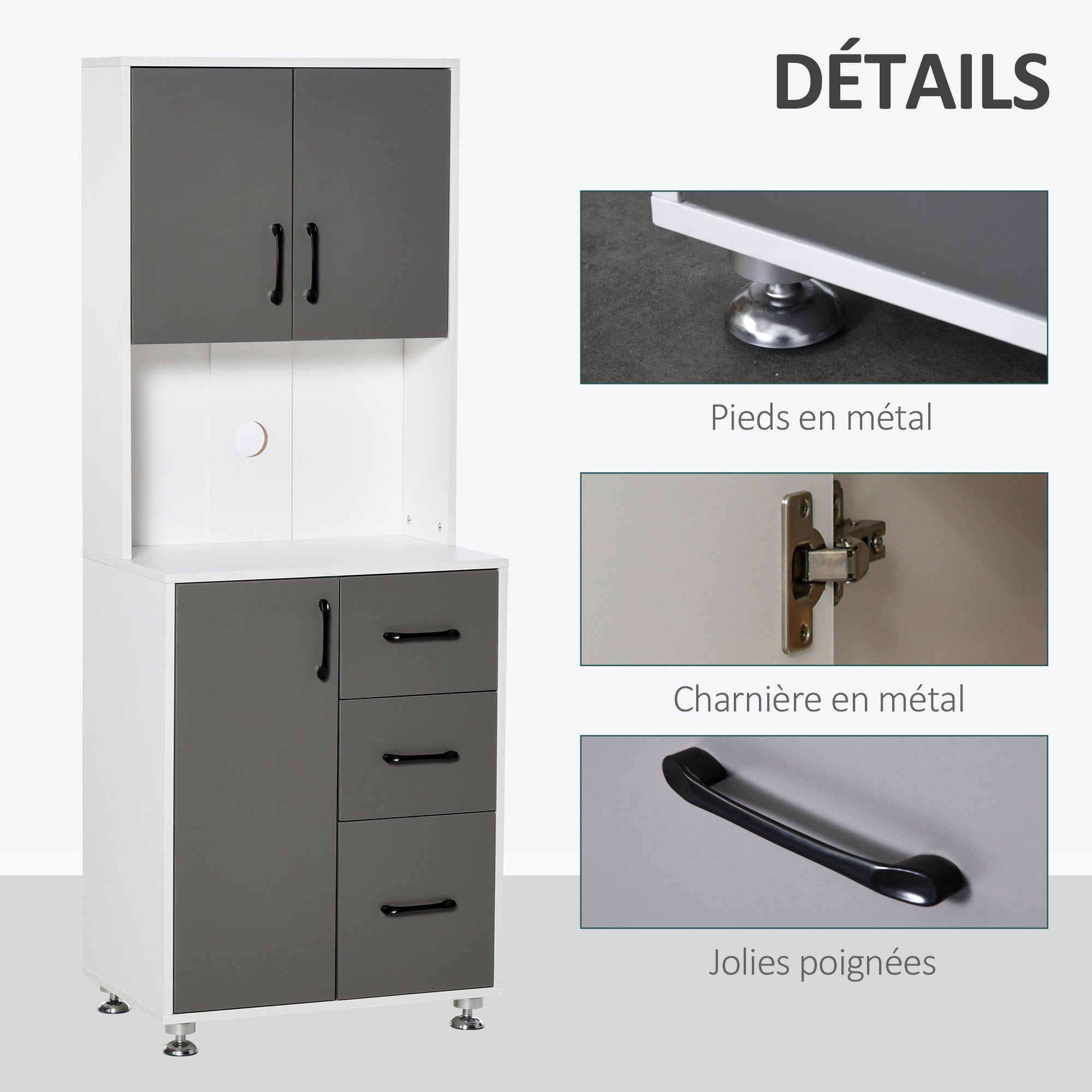 Kitchen Buffet Multi-Storage Cabinet 2 + 1 Door 3 Drawers + Large Countertop Dim. 60L x 40W x 160H cm Gray White