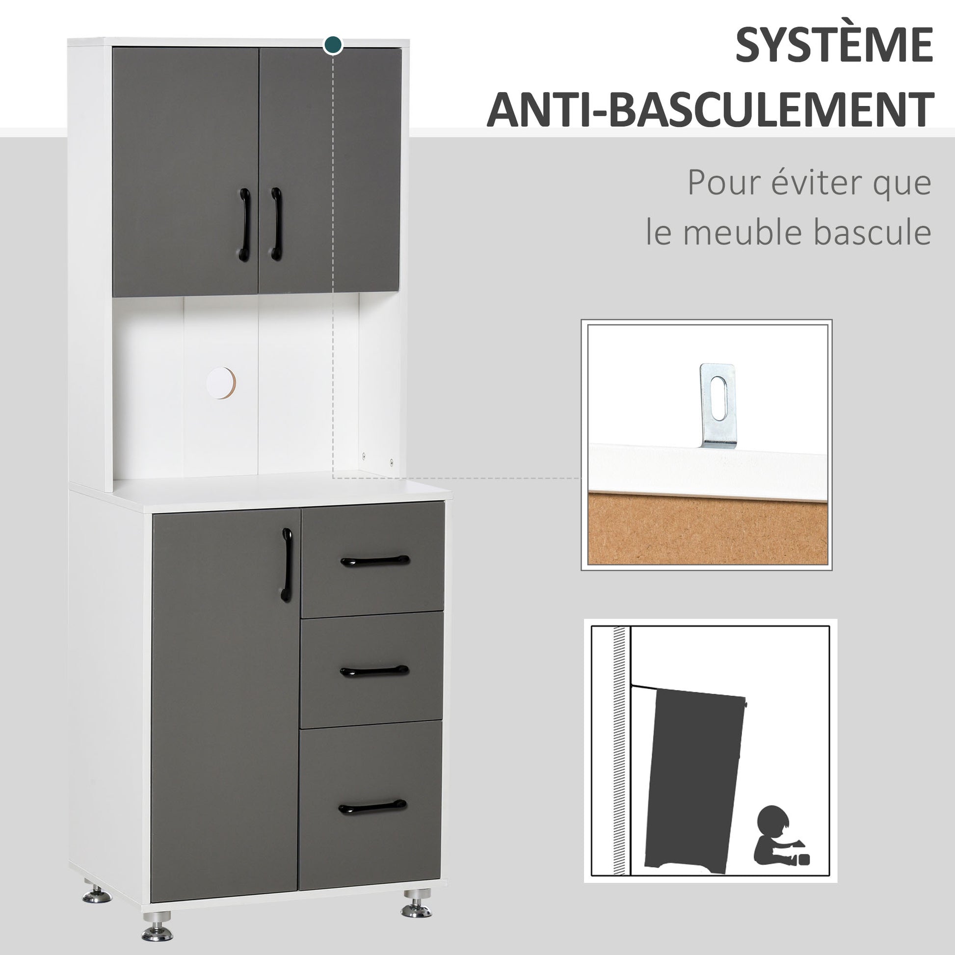 Kitchen Buffet Multi-Storage Cabinet 2 + 1 Door 3 Drawers + Large Countertop Dim. 60L x 40W x 160H cm Gray White
