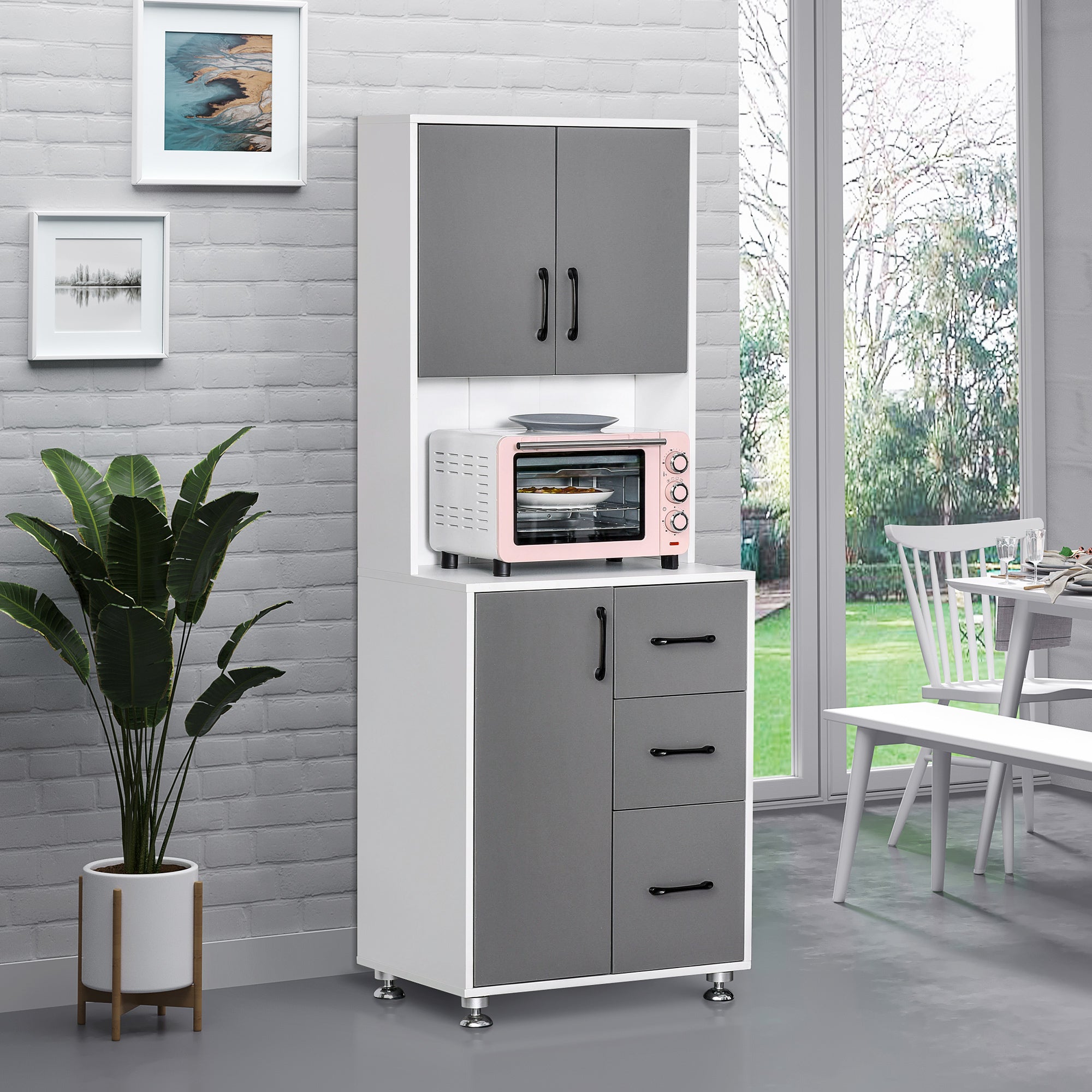 Kitchen Buffet Multi-Storage Cabinet 2 + 1 Door 3 Drawers + Large Countertop Dim. 60L x 40W x 160H cm Gray White