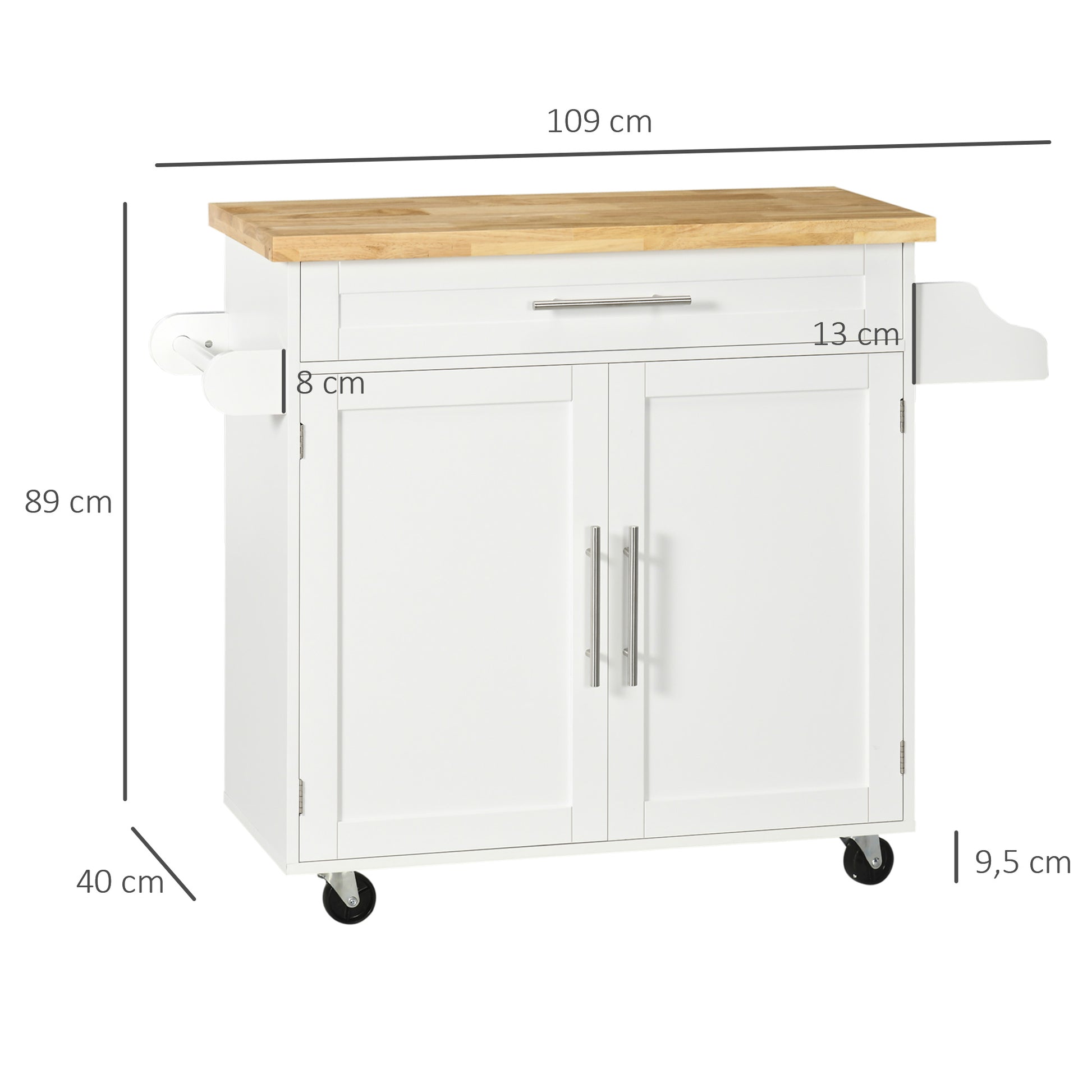 Kitchen Island Kitchen Trolley on Wheels with Worktop, Serving Trolley with Drawer, Spice Rack, Towel Holder, Kitchen Cart for Kitchen, Dining Room White 109 x 40 x 89 cm