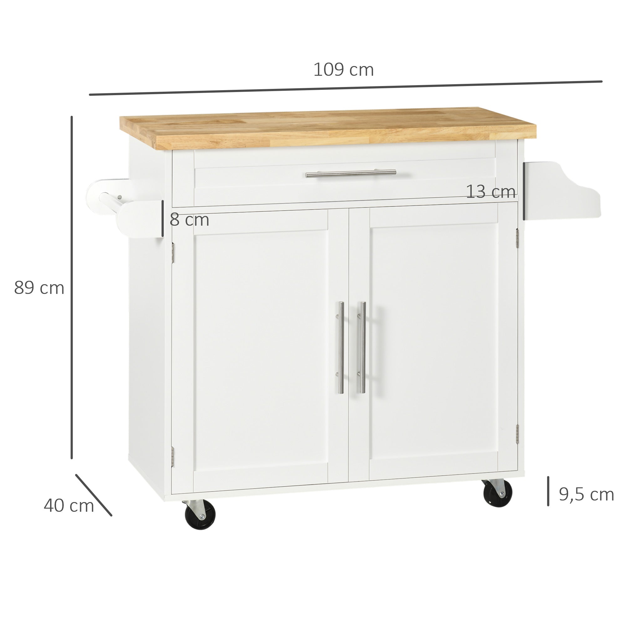 Kitchen Island Kitchen Trolley on Wheels with Worktop, Serving Trolley with Drawer, Spice Rack, Towel Holder, Kitchen Cart for Kitchen, Dining Room White 109 x 40 x 89 cm