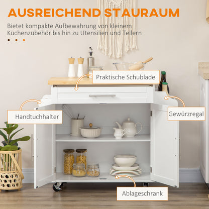 Kitchen Island Kitchen Trolley on Wheels with Worktop, Serving Trolley with Drawer, Spice Rack, Towel Holder, Kitchen Cart for Kitchen, Dining Room White 109 x 40 x 89 cm