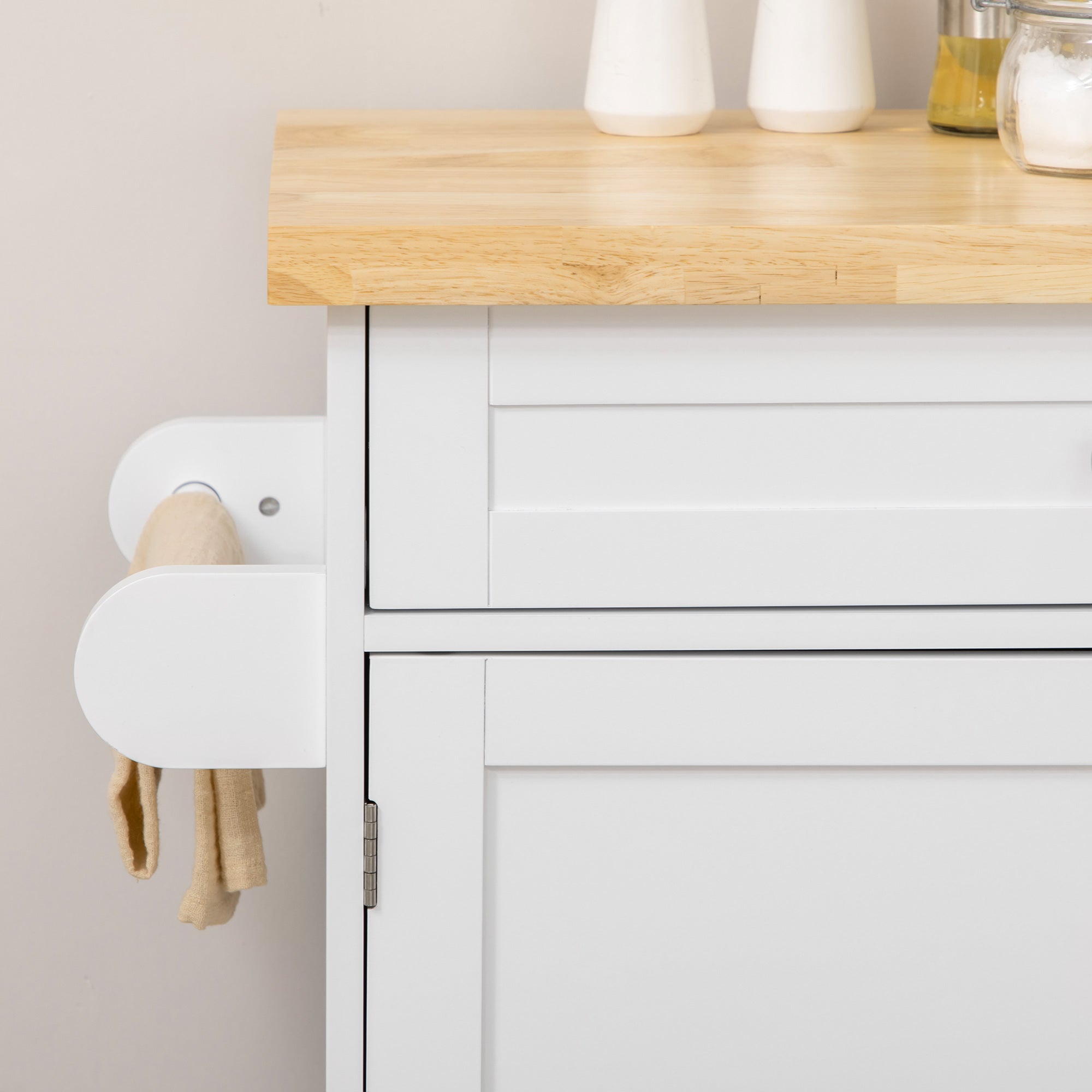 Kitchen Island Kitchen Trolley on Wheels with Worktop, Serving Trolley with Drawer, Spice Rack, Towel Holder, Kitchen Cart for Kitchen, Dining Room White 109 x 40 x 89 cm