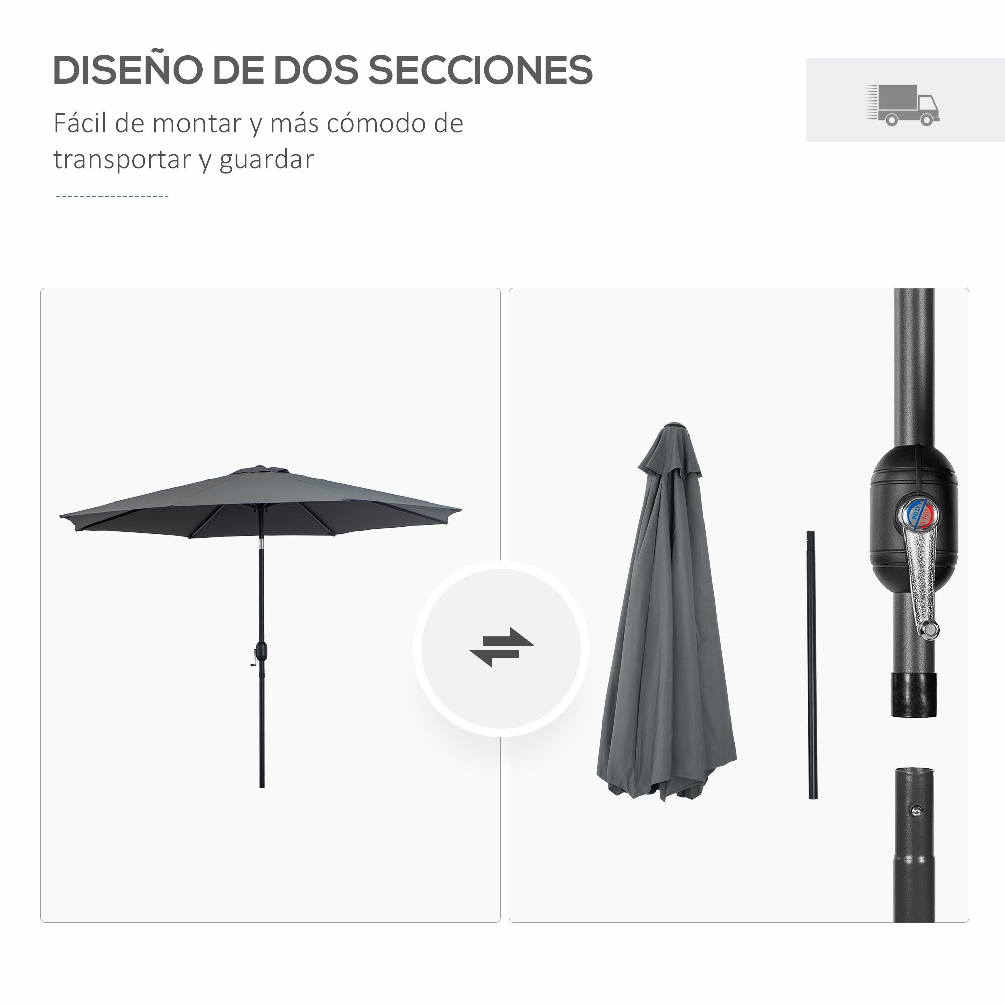 Garden Umbrella Ø295x250 cm with Crank Outdoor Parasol with Tilt Mechanism and Detachable Metal Pole for Terrace Pool Patio Dark Gray