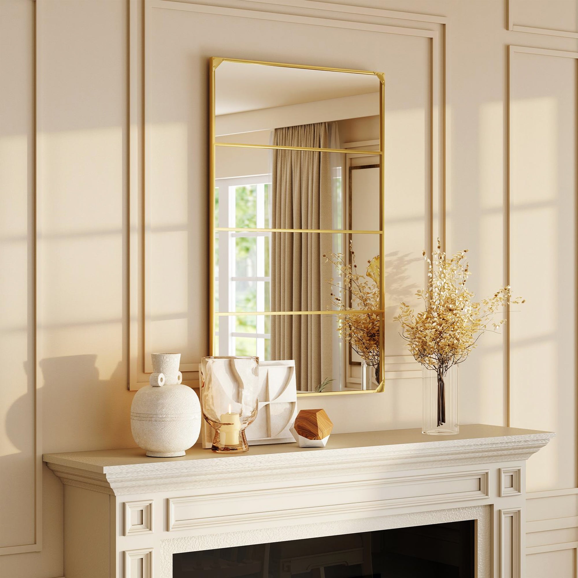 Industrial Windowpane Wall Mirror, Gold Metal Frame, Rectangular, Horizontal or Vertical – 42.9" x 27.2" (109 x 69 cm)