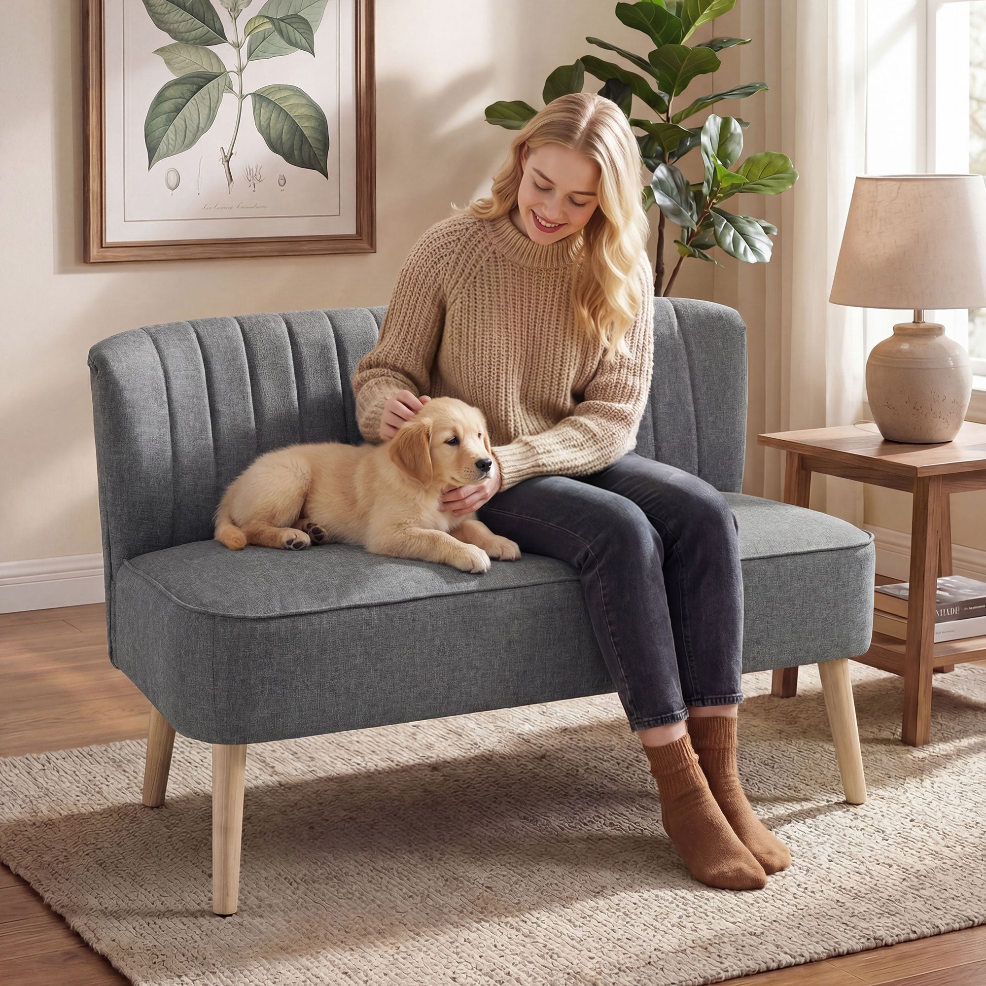 2-Seater Loveseat — Small Linen-Look Upholstered Sofa for Living Room, Bedroom, Small Spaces, Gray (46.1" x 22.2" x 30.3")