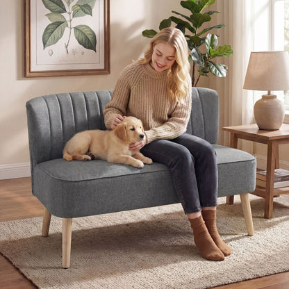 2-Seater Loveseat — Small Linen-Look Upholstered Sofa for Living Room, Bedroom, Small Spaces, Gray (46.1" x 22.2" x 30.3")