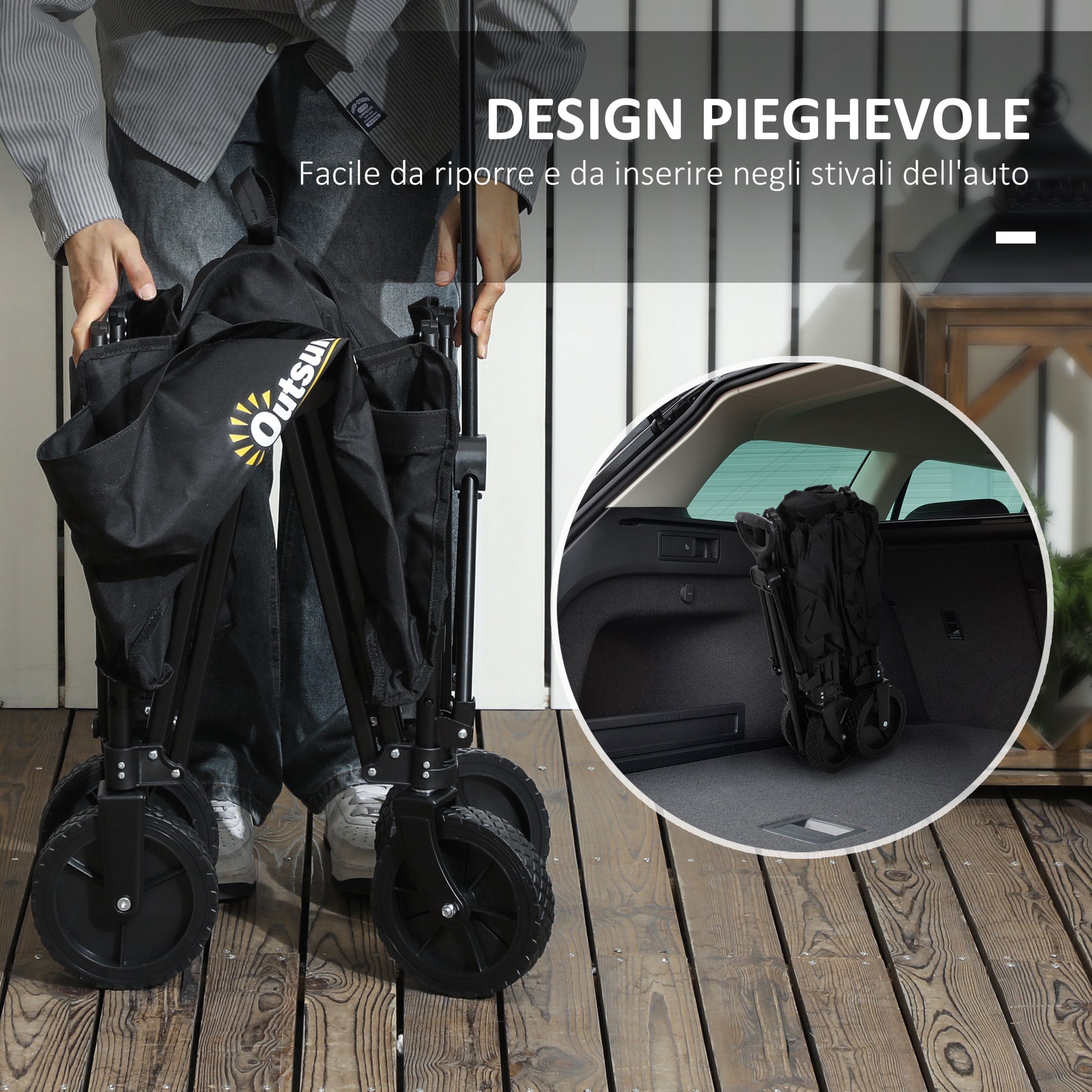 120L Garden Cart with 4 Swivel Wheels, Folding Beach Cart in Steel and Oxford Fabric with Storage Bag and Adjustable Swivel Handle, 90x48x62 cm, Black