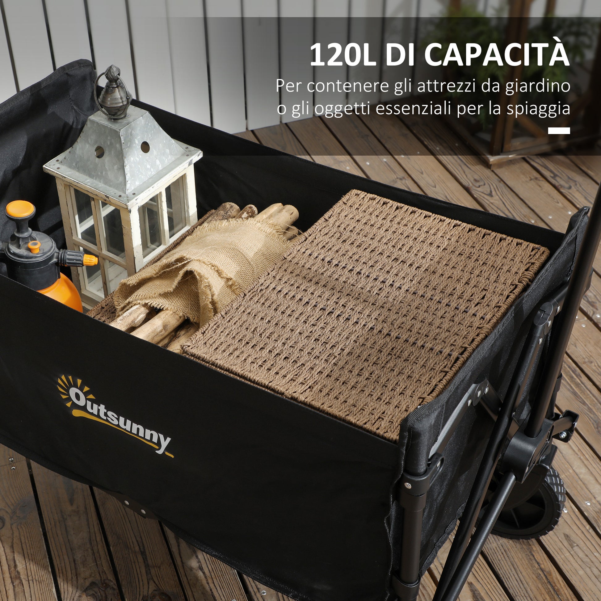 120L Garden Cart with 4 Swivel Wheels, Folding Beach Cart in Steel and Oxford Fabric with Storage Bag and Adjustable Swivel Handle, 90x48x62 cm, Black