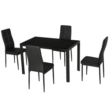 Dining Set with Table and 4 Chairs 5 Pieces Kitchen Furniture Set Rectangular Tempered Glass Table and PU Upholstered Chairs with Black Metal Legs