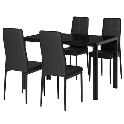 Dining Set with Table and 4 Chairs 5 Pieces Kitchen Furniture Set Rectangular Tempered Glass Table and PU Upholstered Chairs with Black Metal Legs