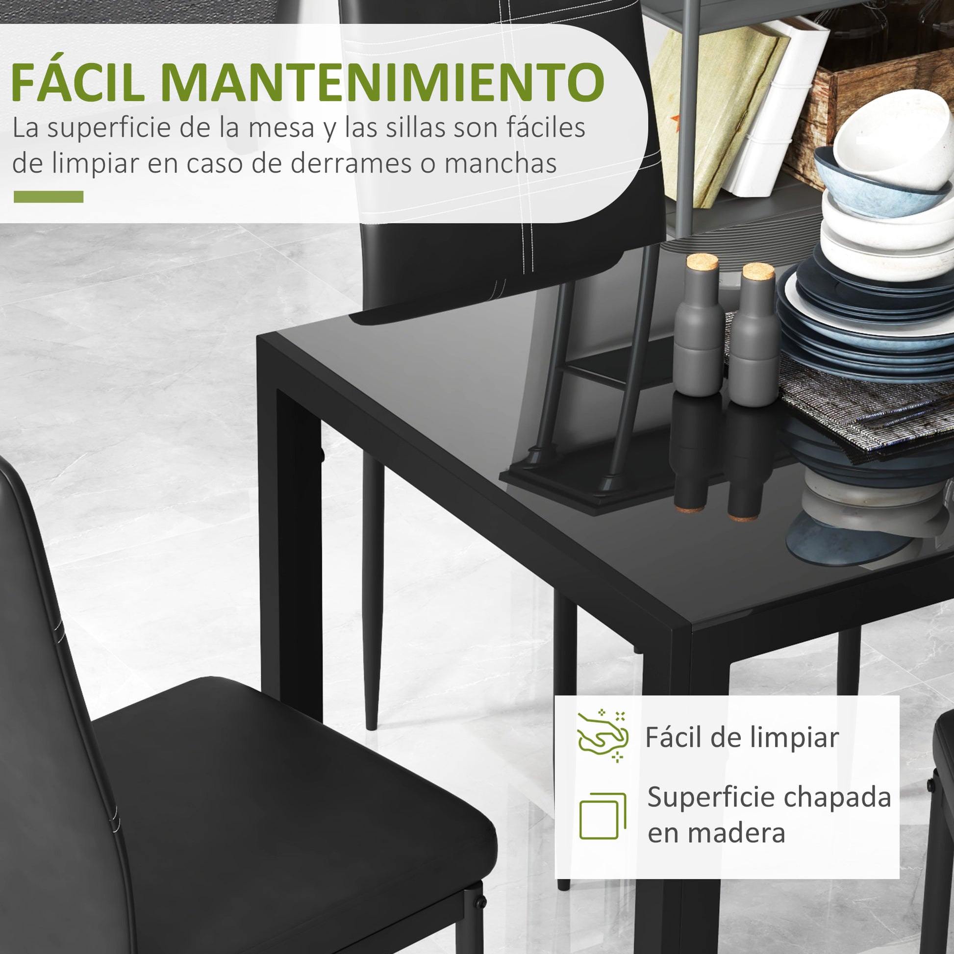 Dining Set with Table and 4 Chairs 5 Pieces Kitchen Furniture Set Rectangular Tempered Glass Table and PU Upholstered Chairs with Black Metal Legs