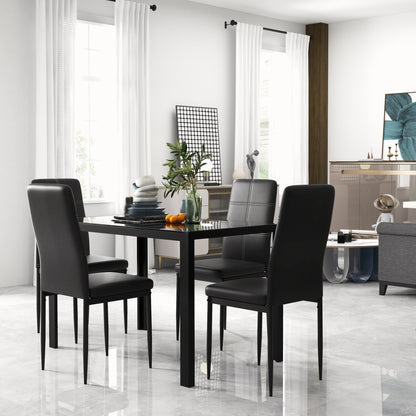 Dining Set with Table and 4 Chairs 5 Pieces Kitchen Furniture Set Rectangular Tempered Glass Table and PU Upholstered Chairs with Black Metal Legs