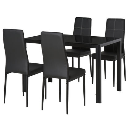 Dining Set with Table and 4 Chairs 5 Pieces Kitchen Furniture Set Rectangular Tempered Glass Table and PU Upholstered Chairs with Black Metal Legs