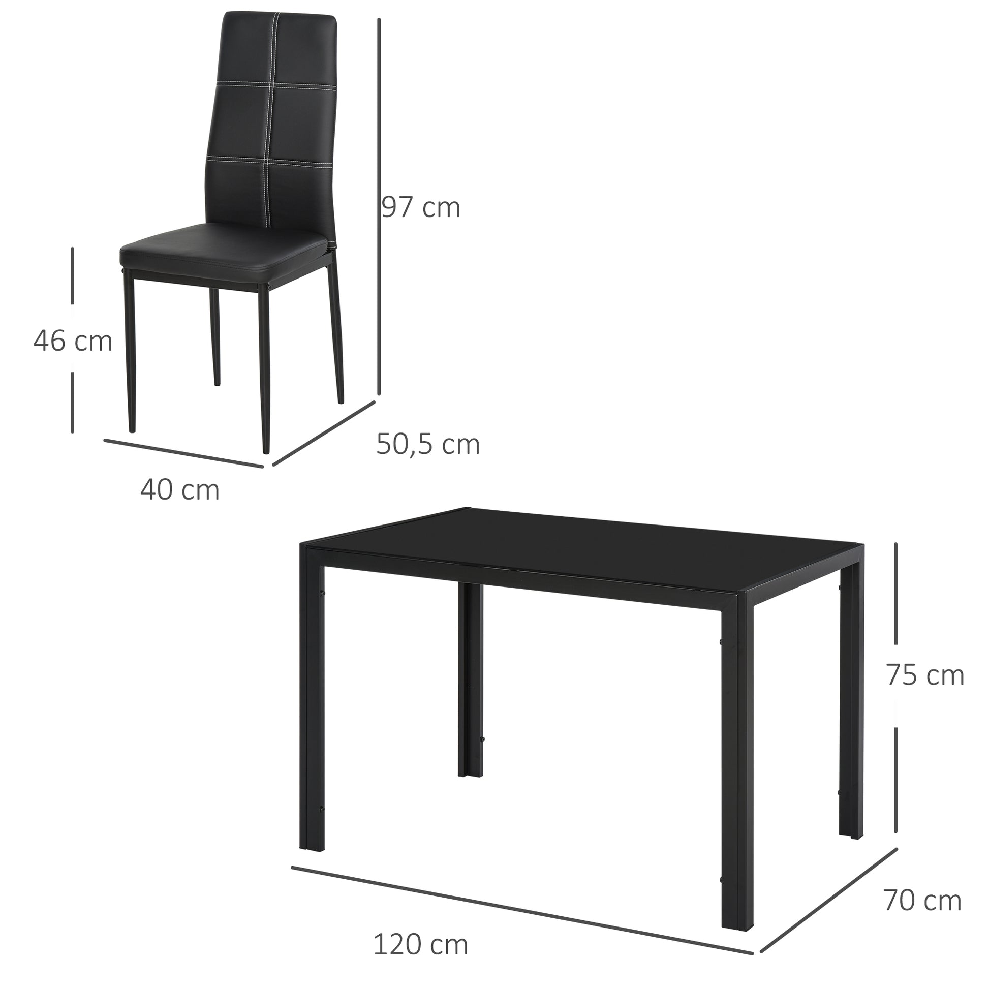Dining Set with Table and 4 Chairs 5 Pieces Kitchen Furniture Set Rectangular Tempered Glass Table and PU Upholstered Chairs with Black Metal Legs