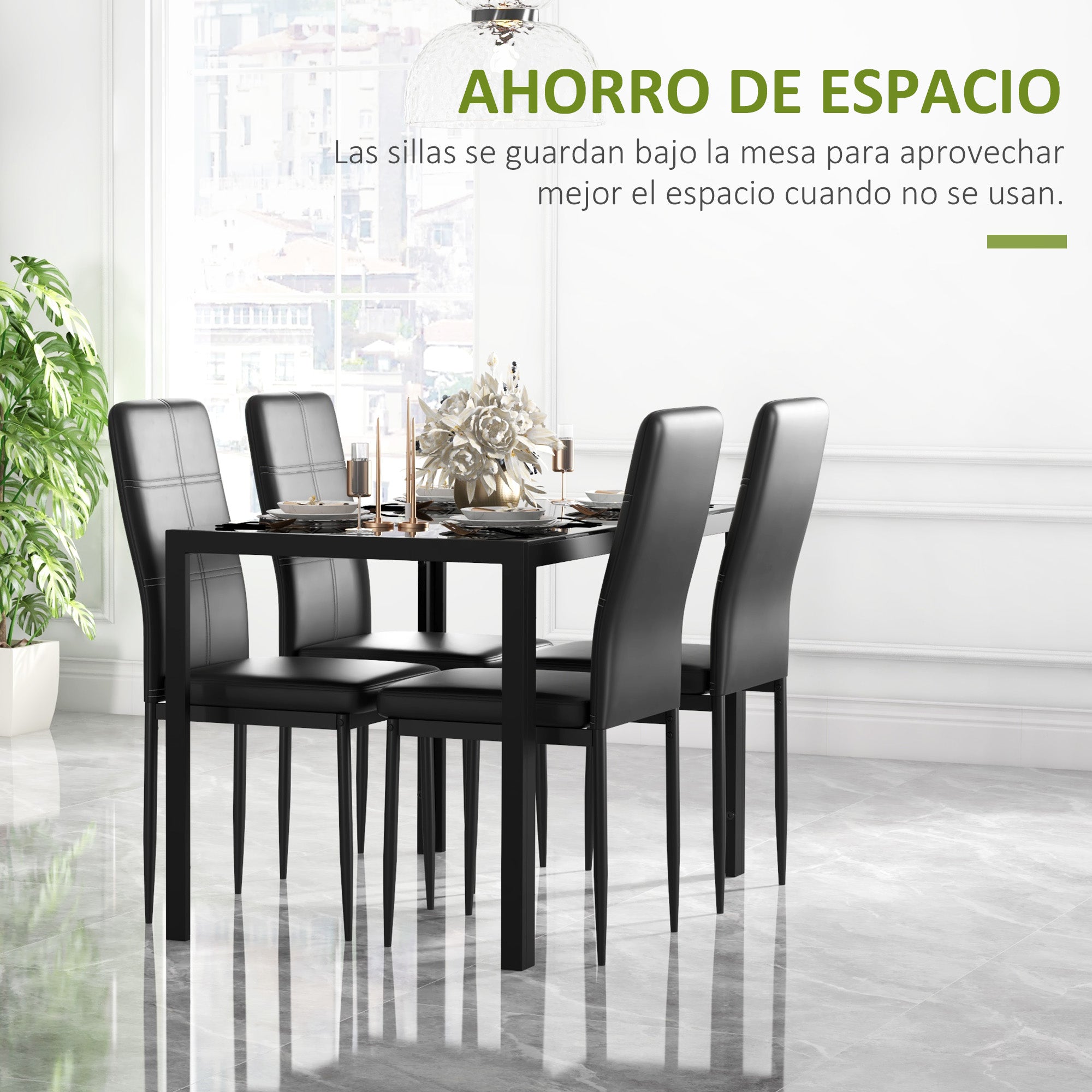 Dining Set with Table and 4 Chairs 5 Pieces Kitchen Furniture Set Rectangular Tempered Glass Table and PU Upholstered Chairs with Black Metal Legs