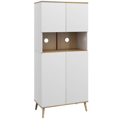 Kitchen Pantry Cabinet Kitchen Utility Cabinet with 4 Doors Microwave Stand Adjustable Shelves Cable Hole and Wooden Legs Modern Style White 80x40x178 cm