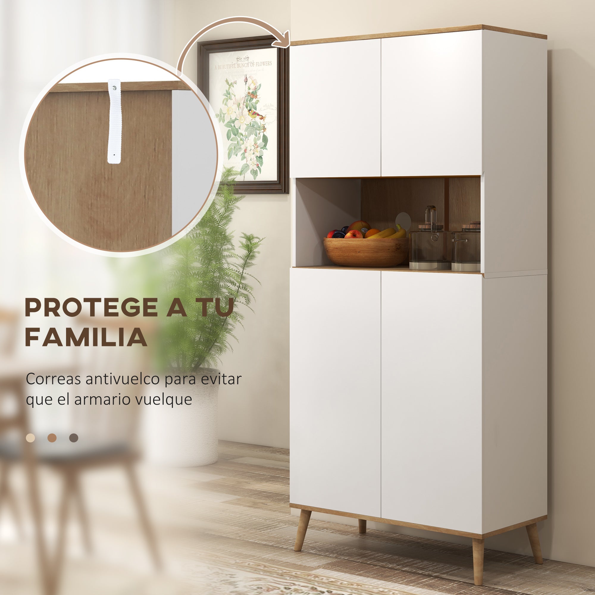 Kitchen Pantry Cabinet Kitchen Utility Cabinet with 4 Doors Microwave Stand Adjustable Shelves Cable Hole and Wooden Legs Modern Style White 80x40x178 cm