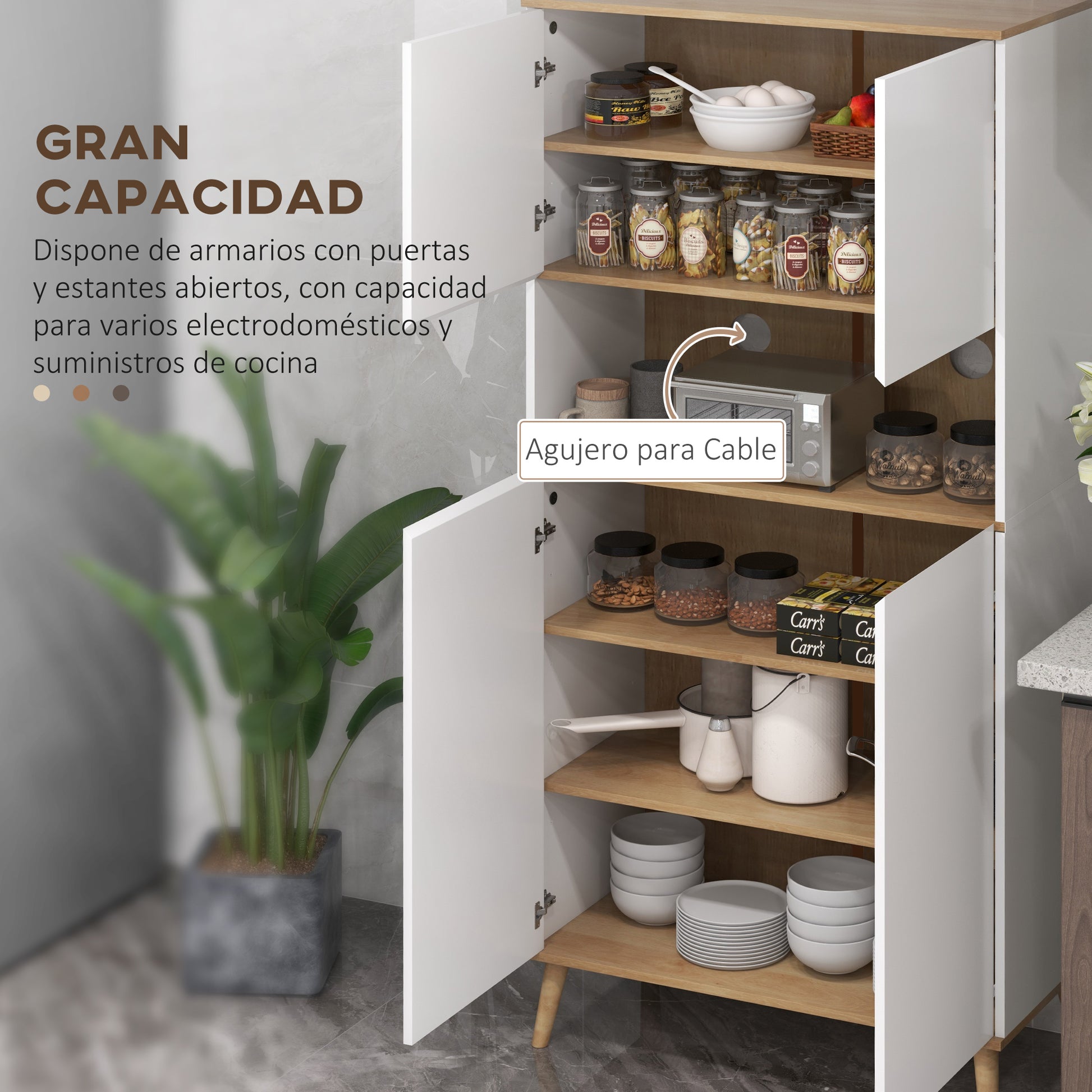 Kitchen Pantry Cabinet Kitchen Utility Cabinet with 4 Doors Microwave Stand Adjustable Shelves Cable Hole and Wooden Legs Modern Style White 80x40x178 cm