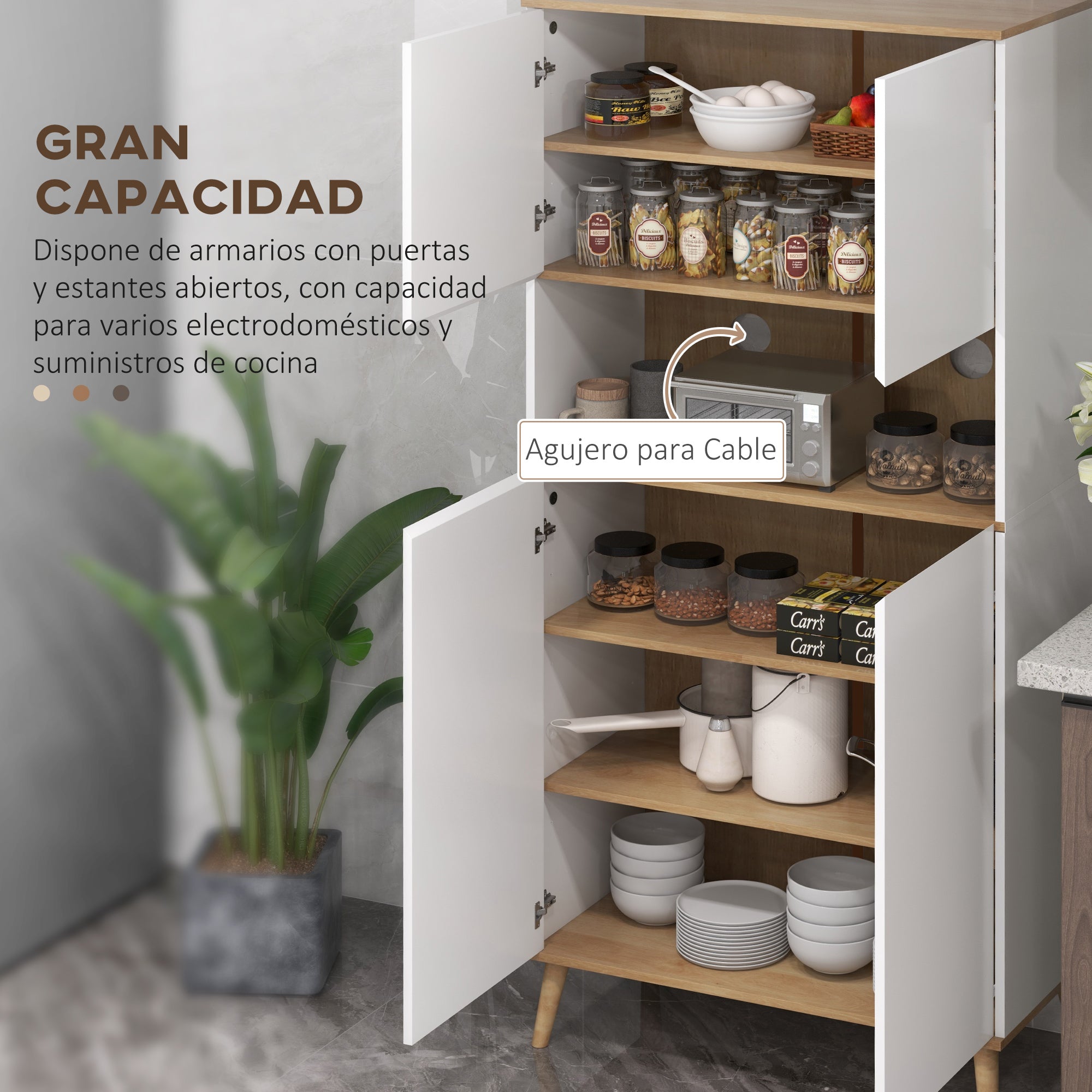 Kitchen Pantry Cabinet Kitchen Utility Cabinet with 4 Doors Microwave Stand Adjustable Shelves Cable Hole and Wooden Legs Modern Style White 80x40x178 cm