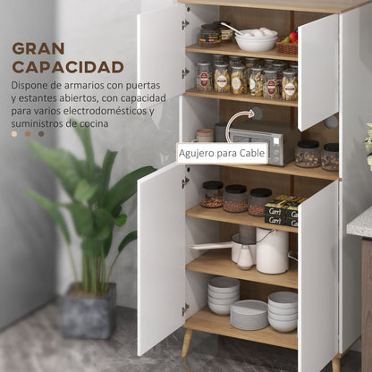 Kitchen Pantry Cabinet Kitchen Utility Cabinet with 4 Doors Microwave Stand Adjustable Shelves Cable Hole and Wooden Legs Modern Style White 80x40x178 cm