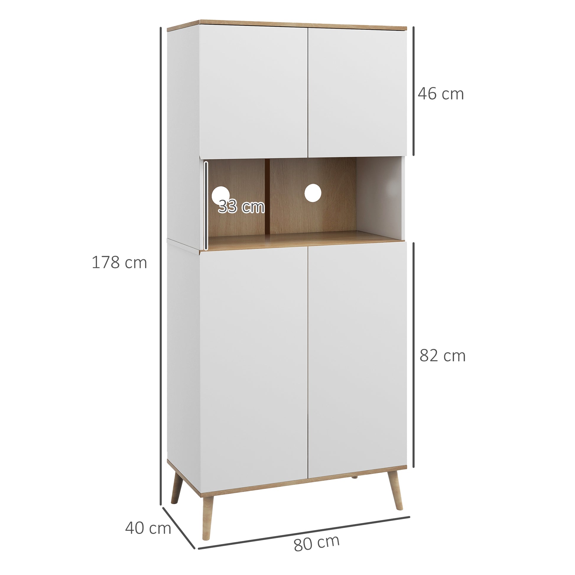 Kitchen Pantry Cabinet Kitchen Utility Cabinet with 4 Doors Microwave Stand Adjustable Shelves Cable Hole and Wooden Legs Modern Style White 80x40x178 cm