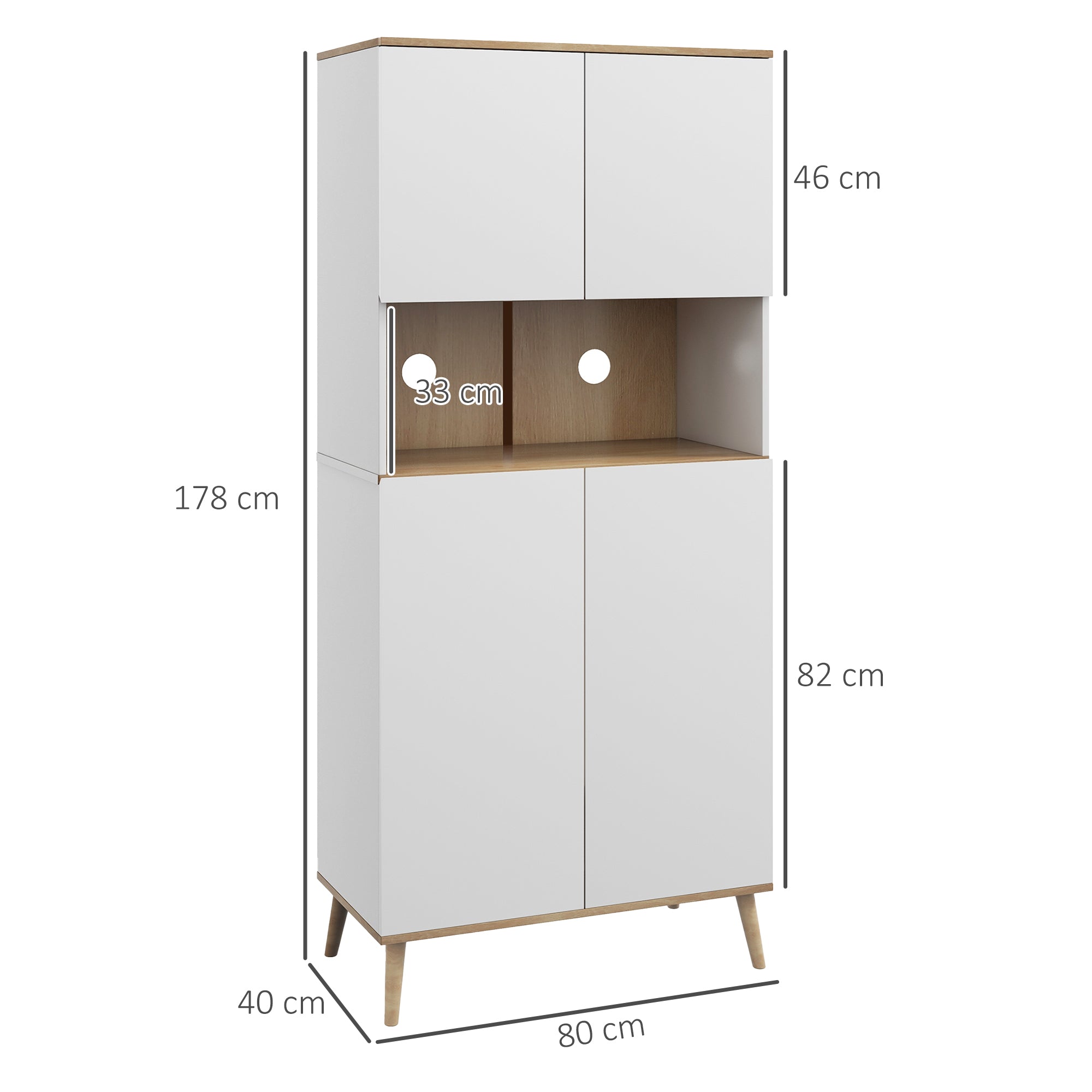 Kitchen Pantry Cabinet Kitchen Utility Cabinet with 4 Doors Microwave Stand Adjustable Shelves Cable Hole and Wooden Legs Modern Style White 80x40x178 cm