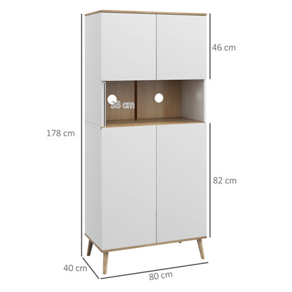 Kitchen Pantry Cabinet Kitchen Utility Cabinet with 4 Doors Microwave Stand Adjustable Shelves Cable Hole and Wooden Legs Modern Style White 80x40x178 cm