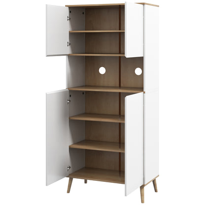 Kitchen Pantry Cabinet Kitchen Utility Cabinet with 4 Doors Microwave Stand Adjustable Shelves Cable Hole and Wooden Legs Modern Style White 80x40x178 cm