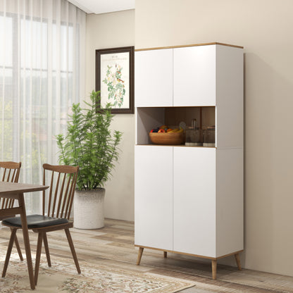 Kitchen Pantry Cabinet Kitchen Utility Cabinet with 4 Doors Microwave Stand Adjustable Shelves Cable Hole and Wooden Legs Modern Style White 80x40x178 cm