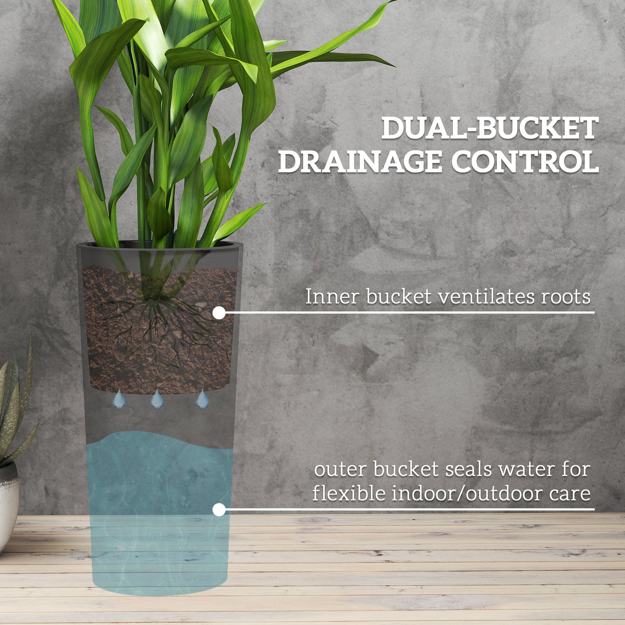 Set of 2 Stackable 23.6 in Tall Planters – Plastic Flower Pots with Inner Liner & Drainage, Dark Gray