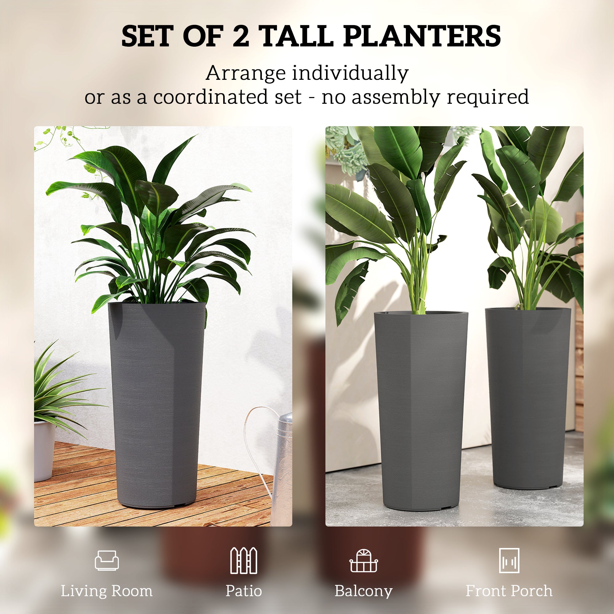 Set of 2 Stackable 23.6 in Tall Planters – Plastic Flower Pots with Inner Liner & Drainage, Dark Gray