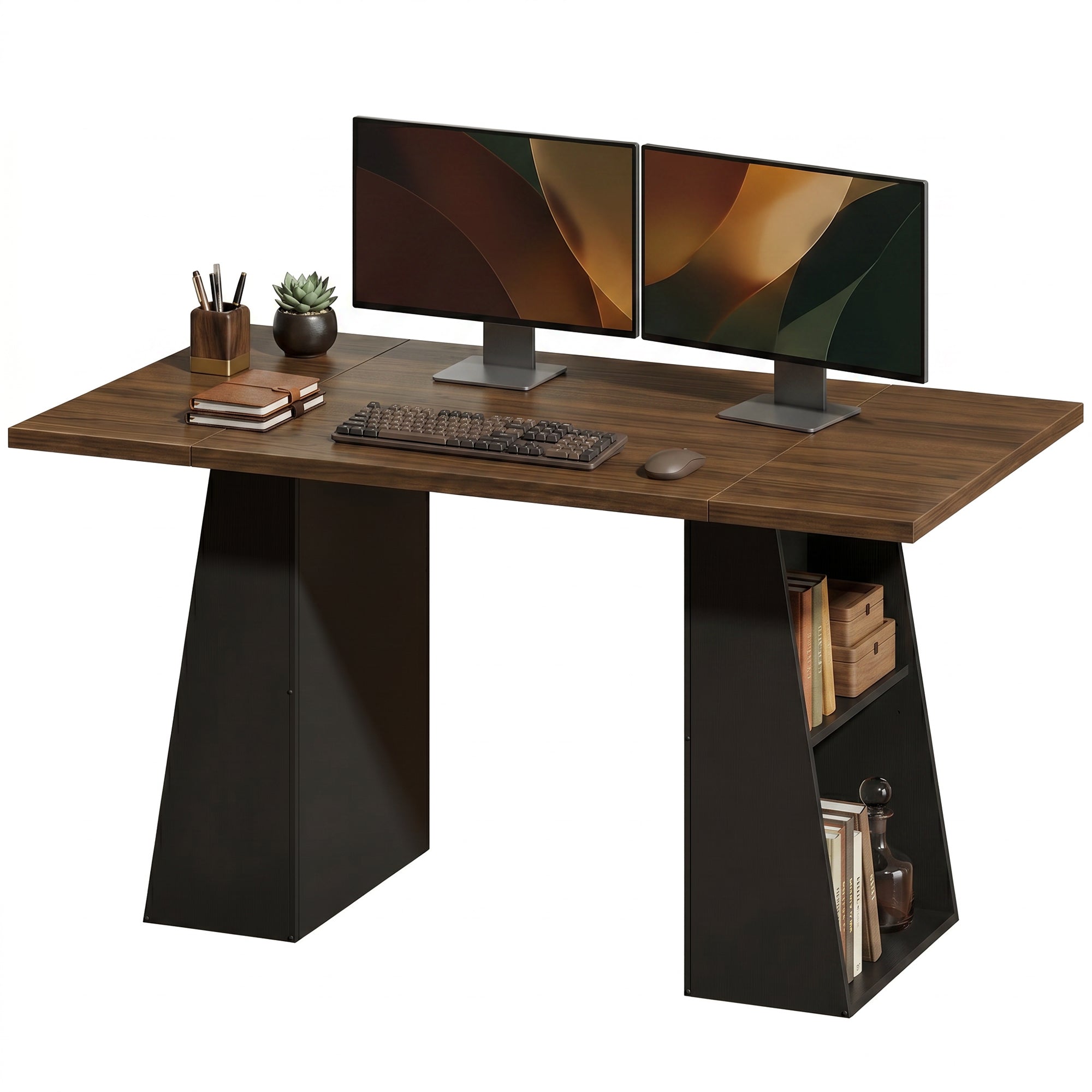 55.1 in (140 cm) Computer Desk with 4 Open Shelves & Trapezoid Metal Frame — Brown Woodgrain / Black
