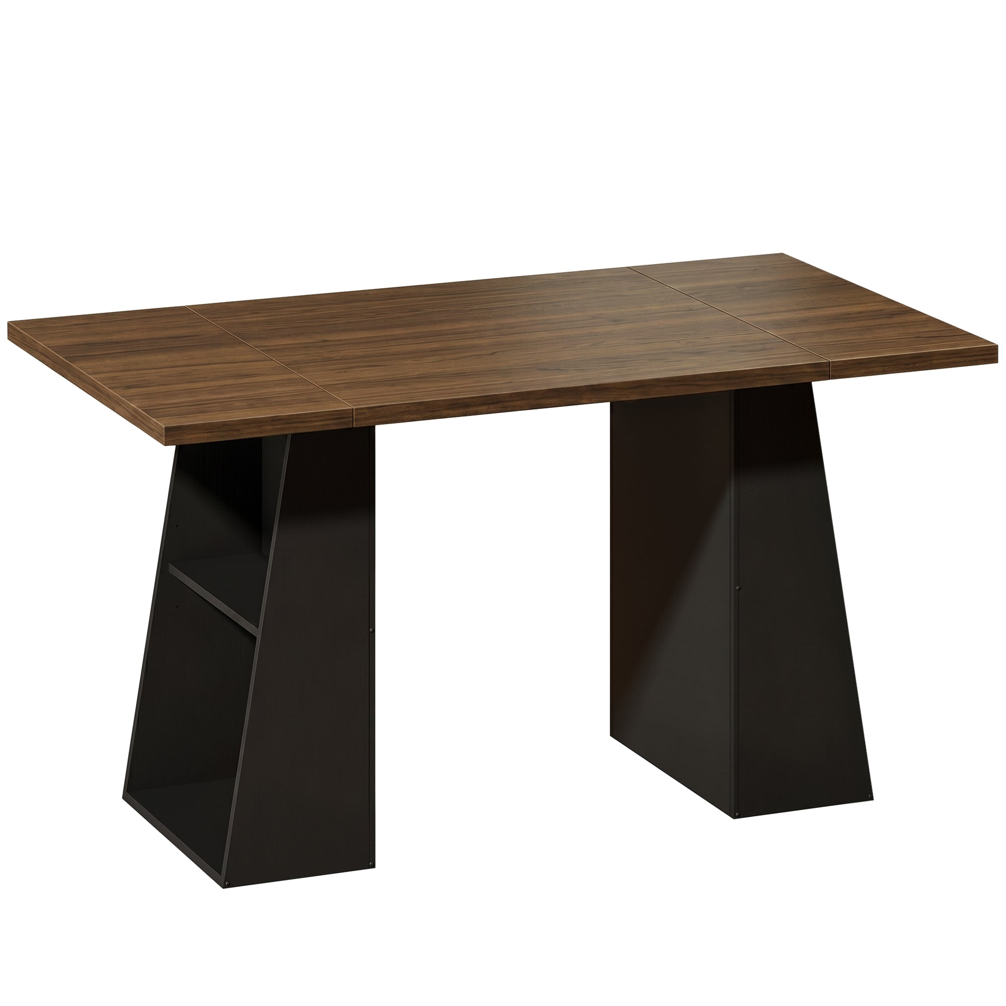 55.1 in (140 cm) Computer Desk with 4 Open Shelves & Trapezoid Metal Frame — Brown Woodgrain / Black