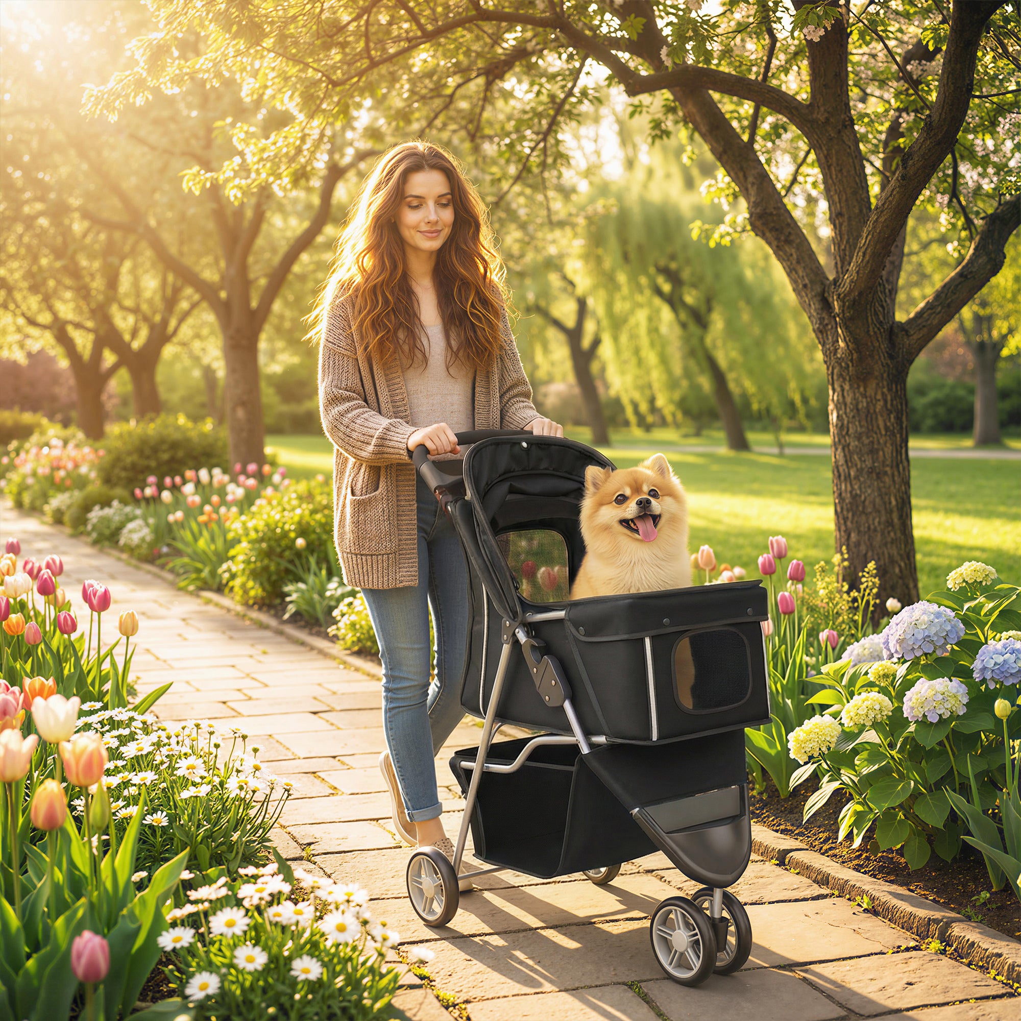 Foldable Pet Stroller — Collapsible Dog & Cat Buggy up to 22 lb with Storage Basket, Cushion, Mesh Windows, Cup Holder, 3 Wheels, Black